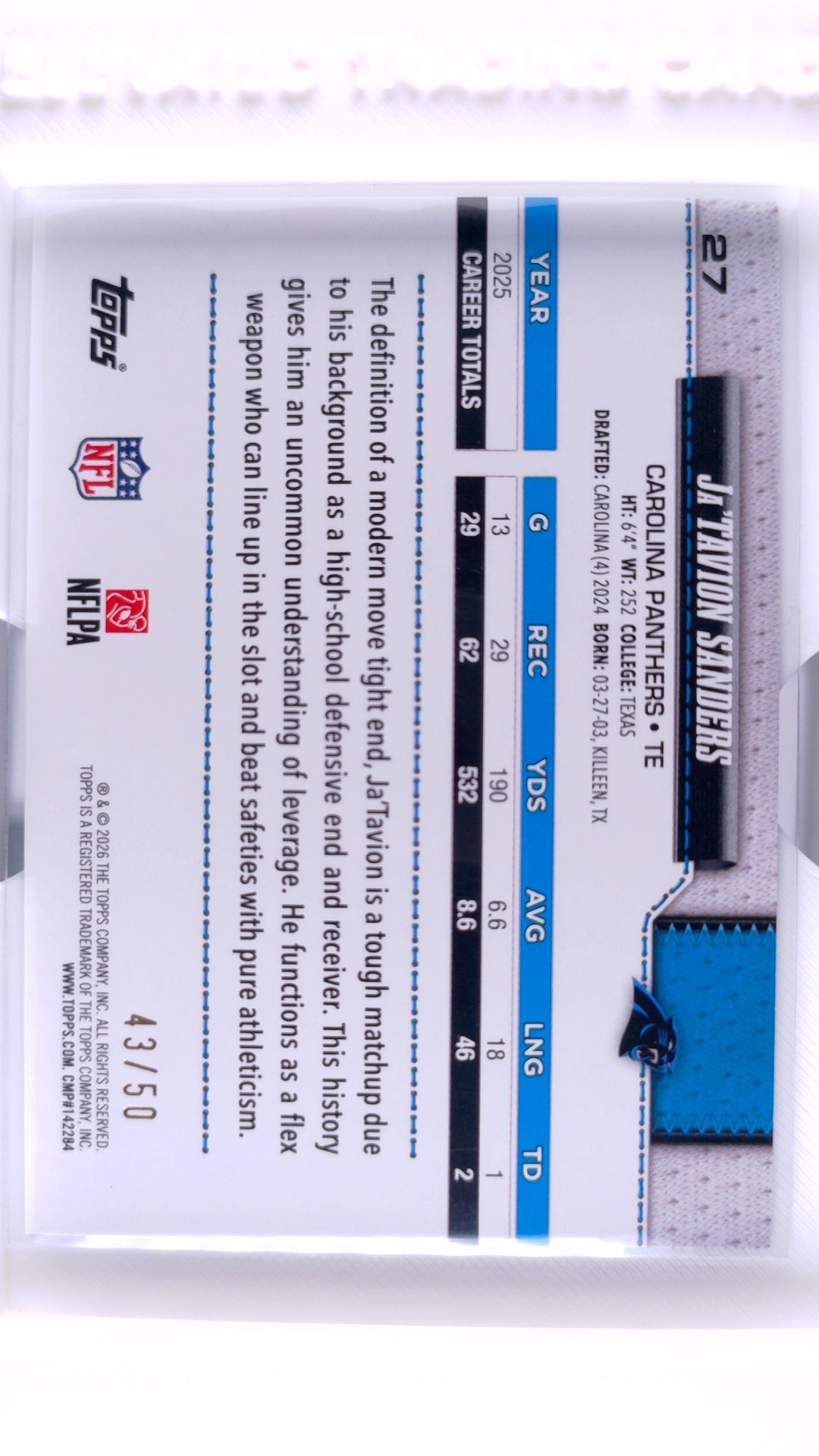 #27 Ja'Tavion Sanders Gold Holo Foil #43/50 - back
