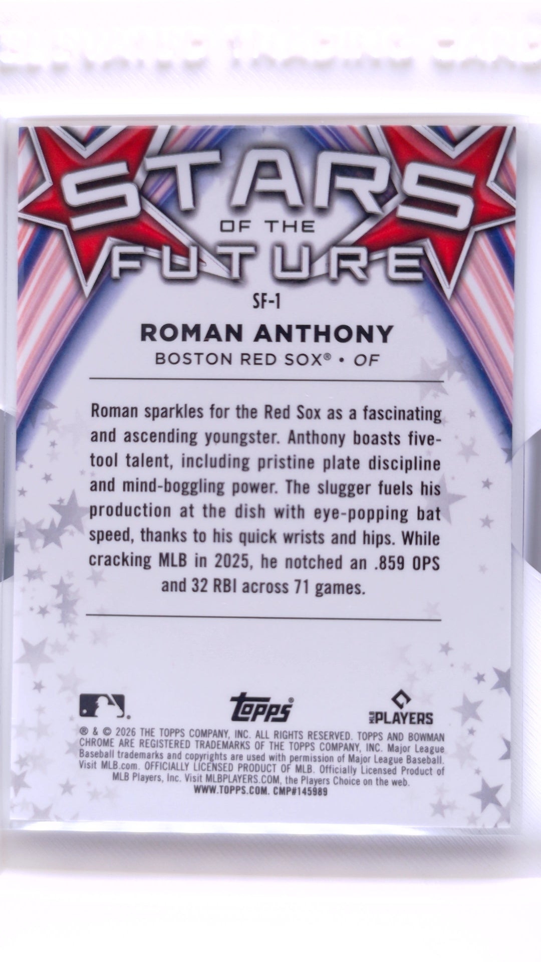 #SF-1 Roman Anthony Rookie Stars of Future - back