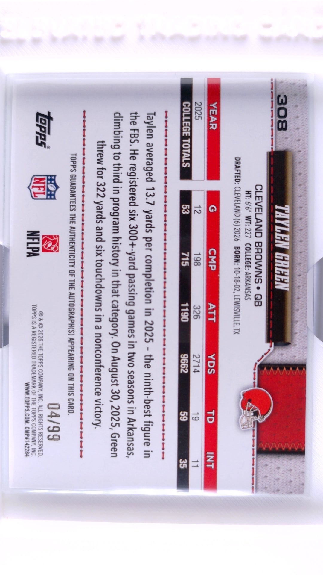 #308 Taylen Green Rookie Rookie Real One Autographs Green #4/99 - back