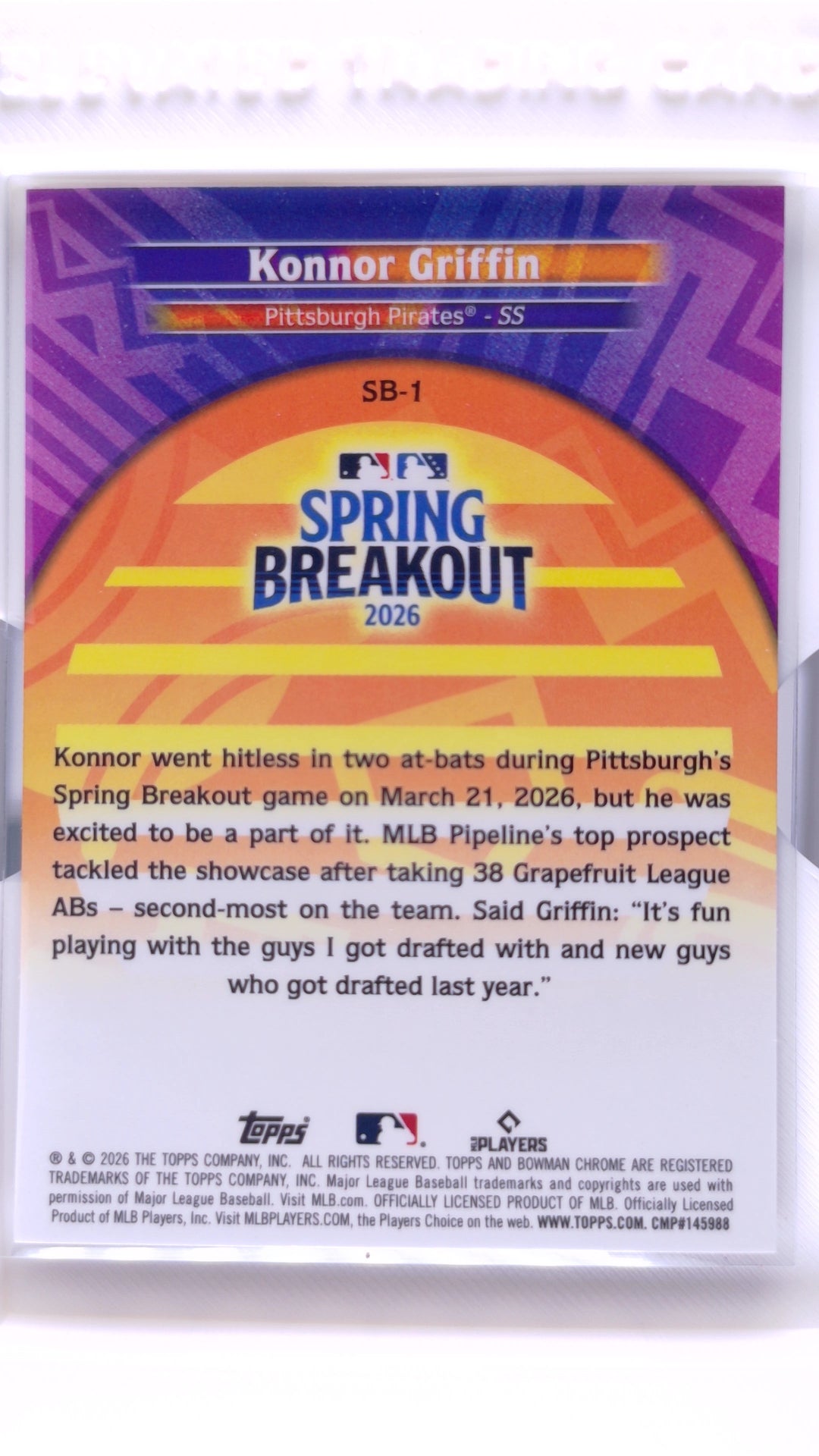 #SB-1 Konnor Griffin Rookie 2026 MLB Spring Breakout - back