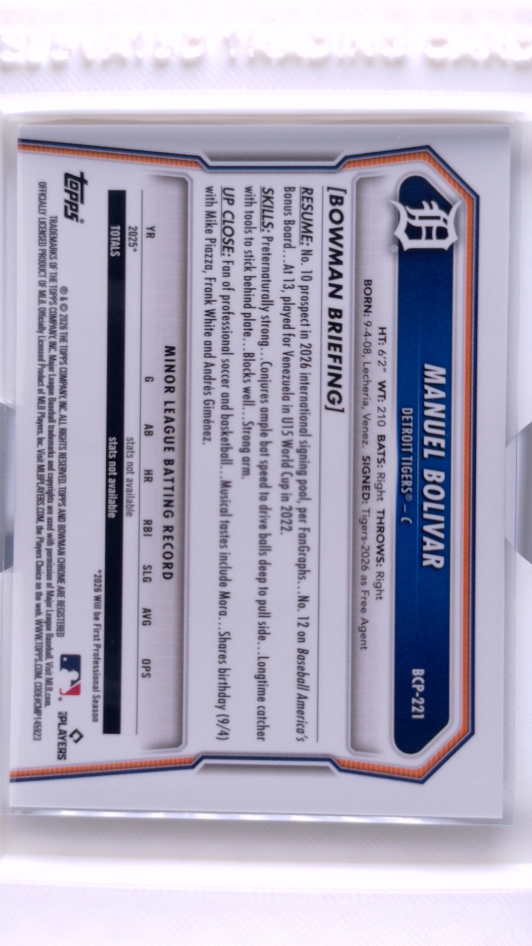 #BCP-221 Manuel Bolivar Bowman Chrome Prospects - back