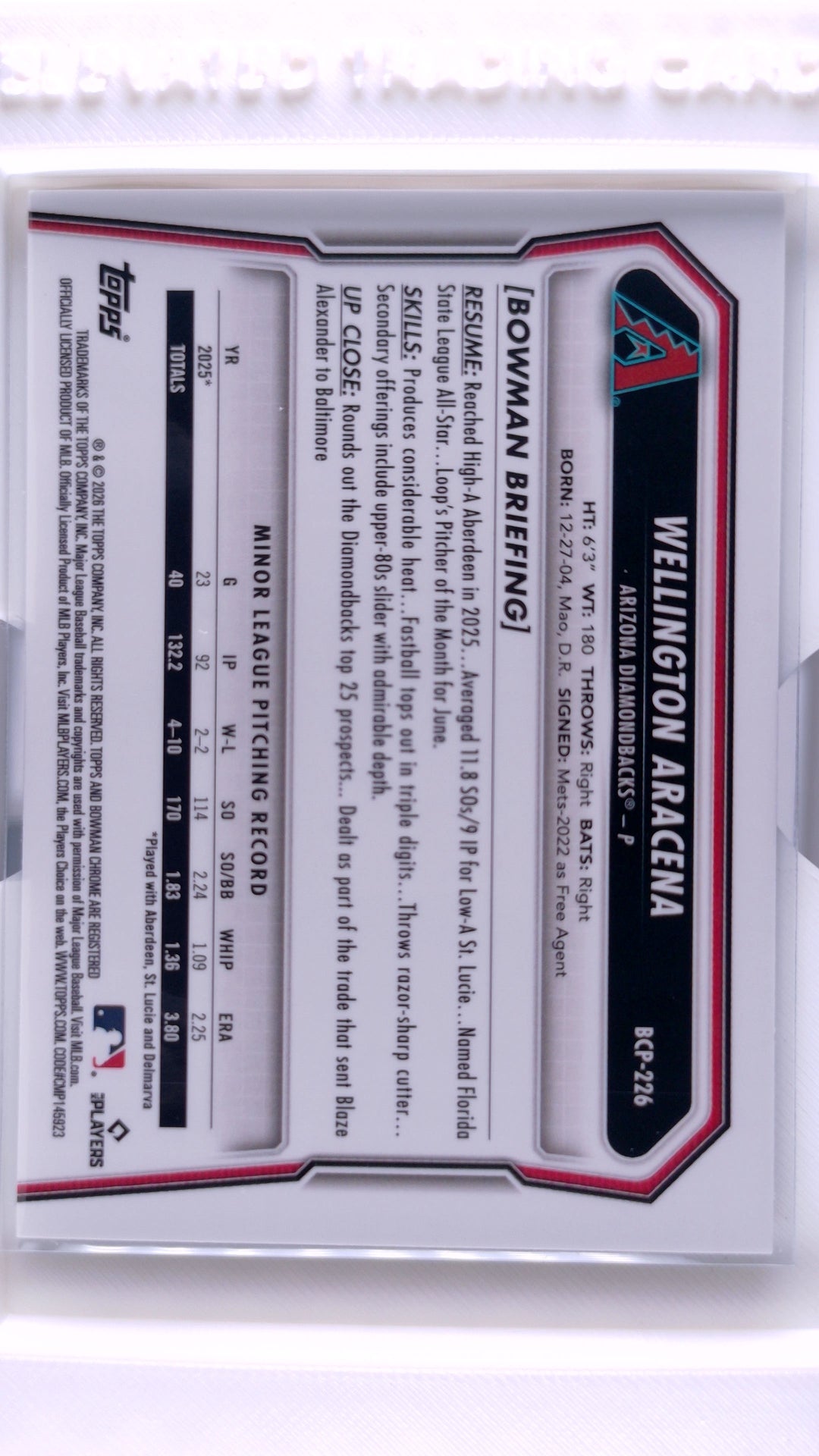 #BCP-226 Wellington Aracena Bowman Chrome Prospects - back