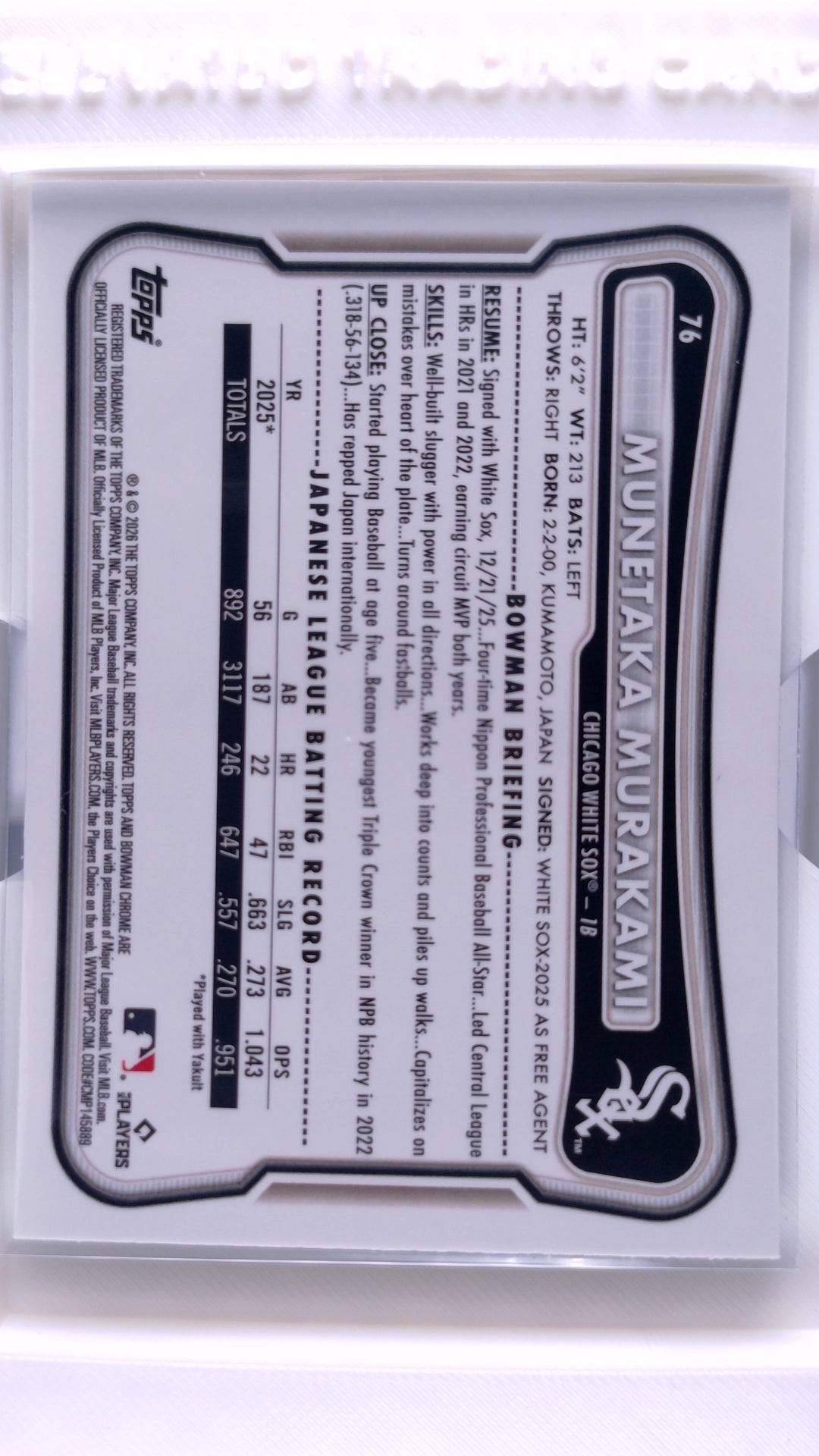 #76 Munetaka Murakami Rookie - back