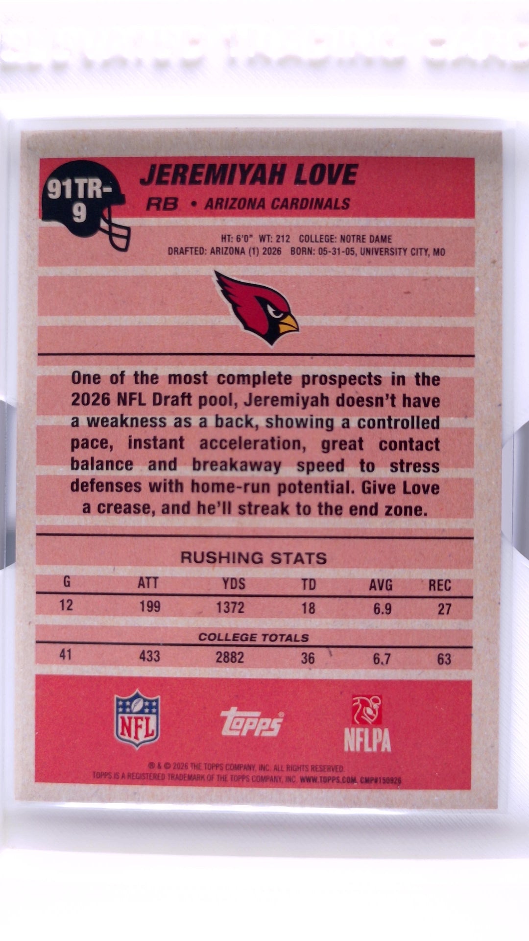 #91TR-9 Jeremiyah Love Rookie 1991 Topps Rookies Football - back