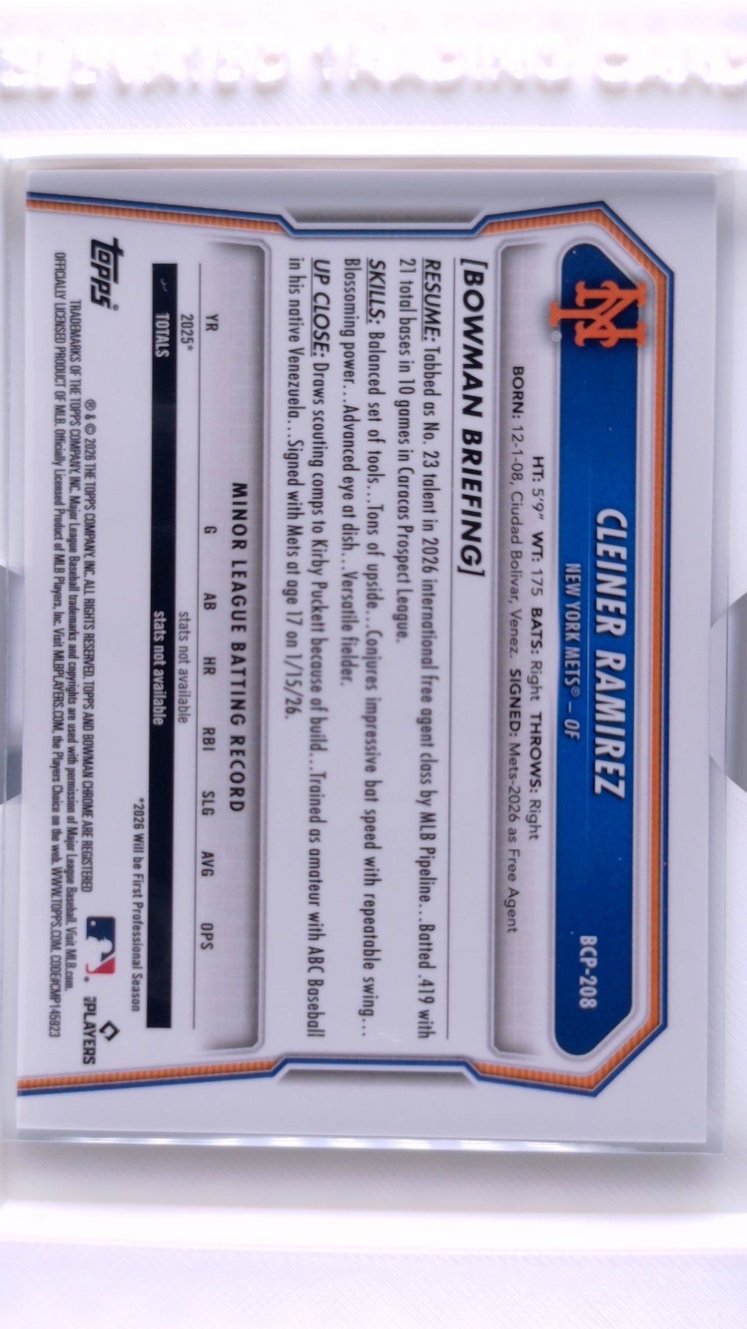 #BCP-208 Cleiner Ramirez Bowman Chrome Prospects - back
