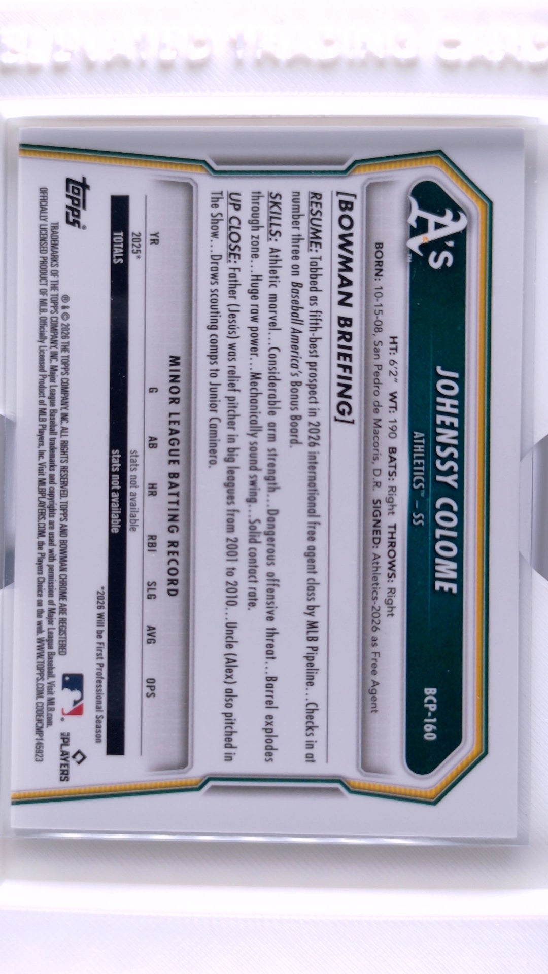 #BCP-160 Johenssy Colome Bowman Chrome Prospects - back