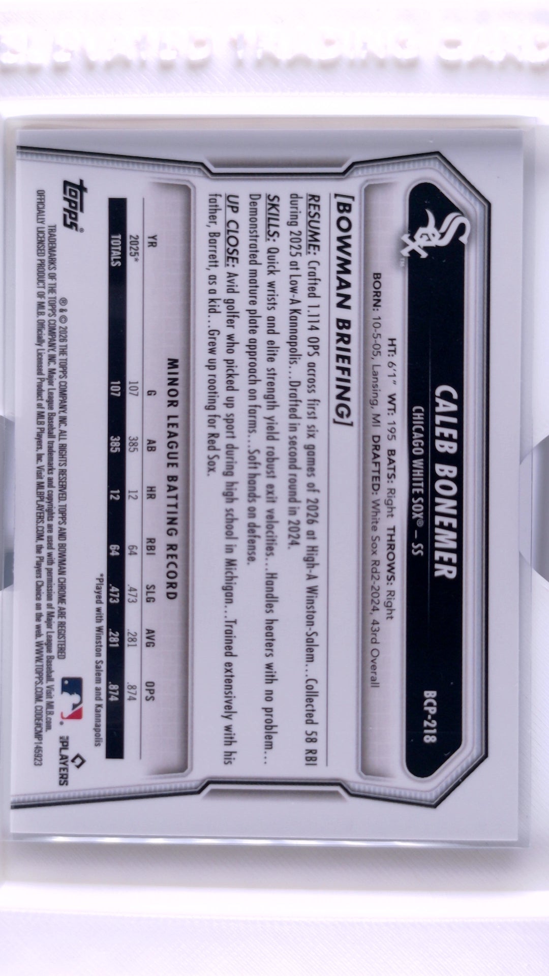 #BCP-218 Caleb Bonemer Bowman Chrome Prospects - back