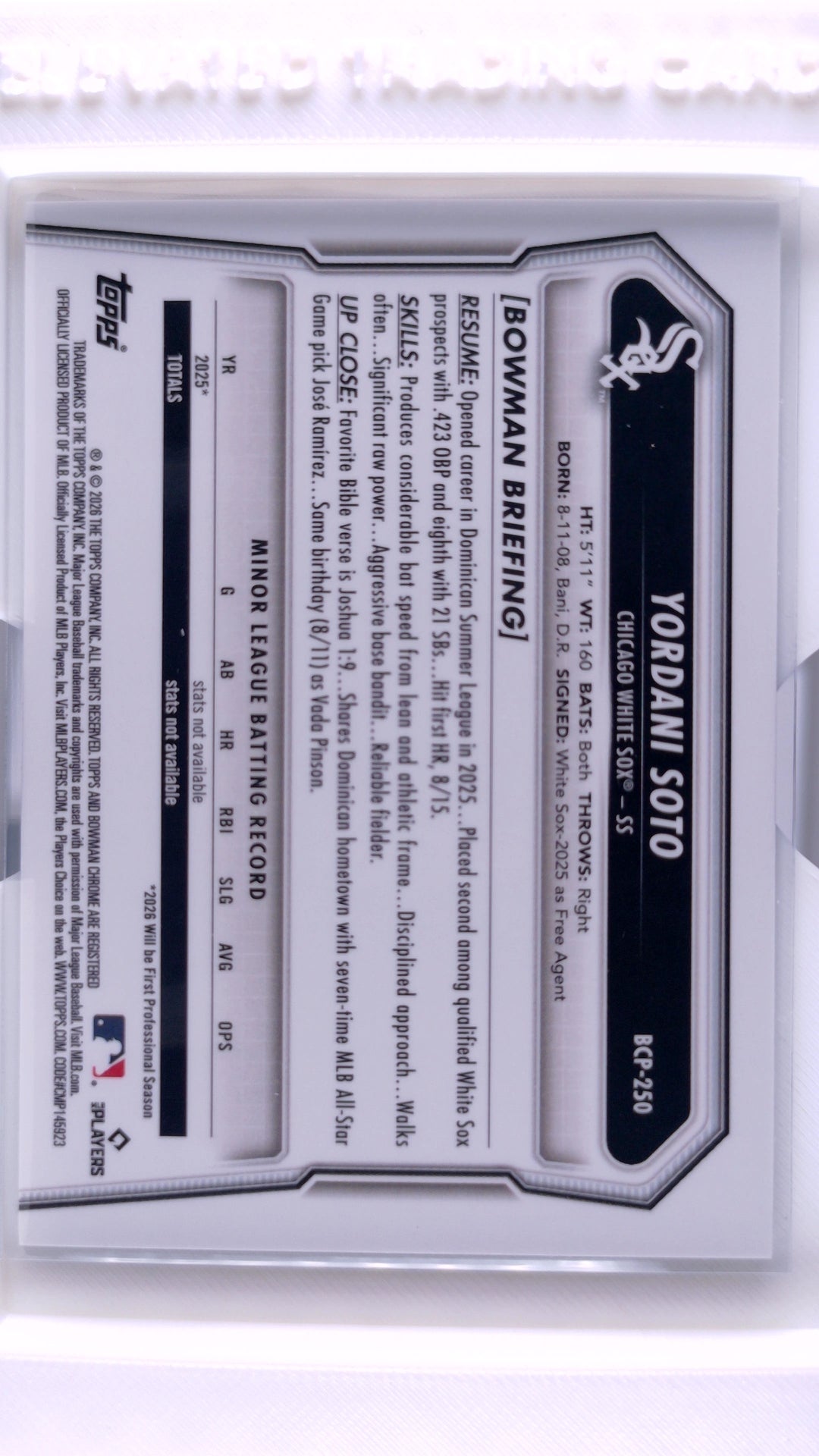 #BCP-250 Yordani Soto Bowman Chrome Prospects - back