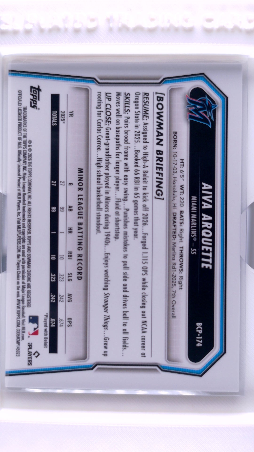 #BCP-174 Aiva Arquette Bowman Chrome Prospects - back