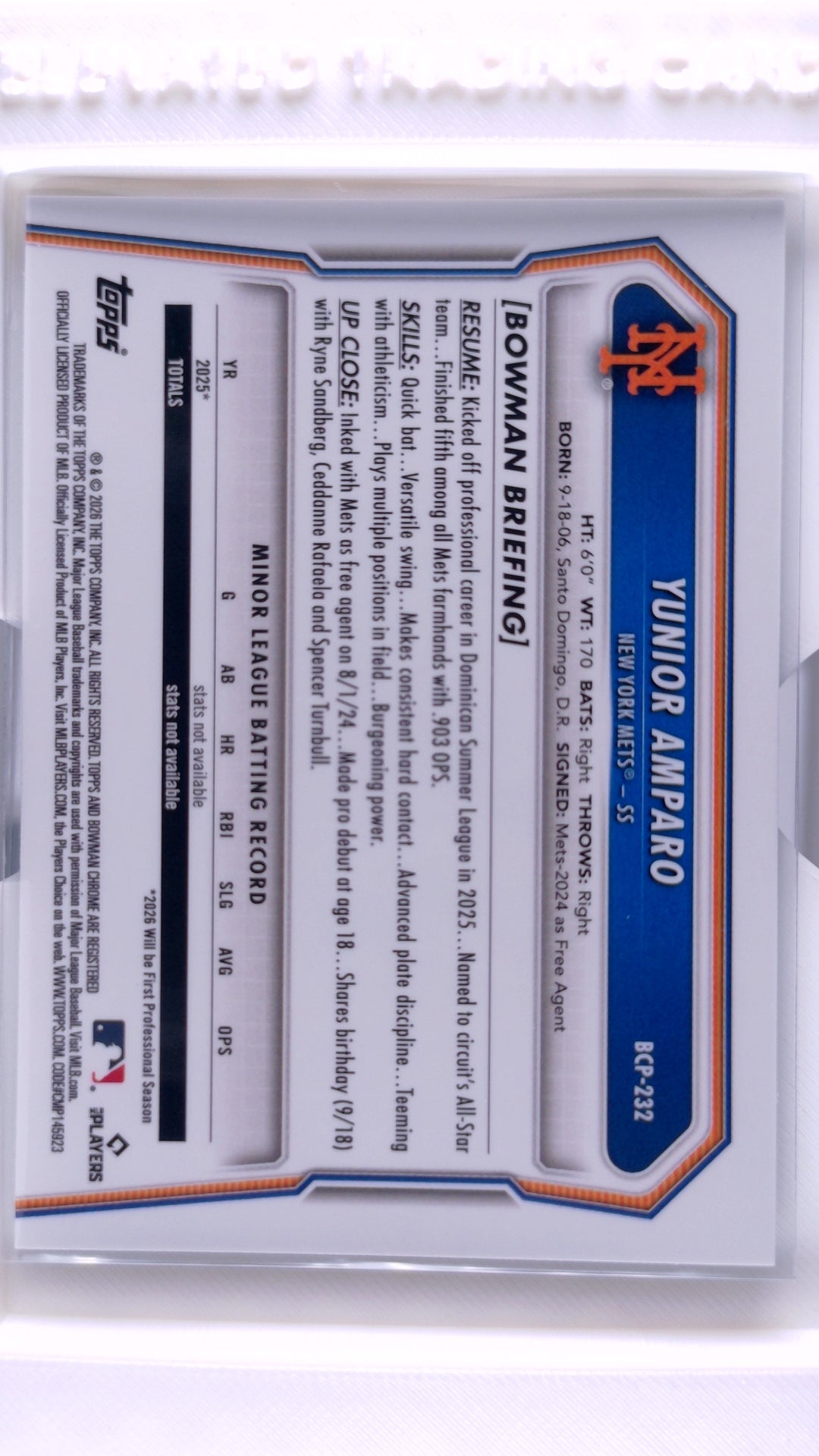 #BCP-232 Yunior Amparo Bowman Chrome Prospects - back