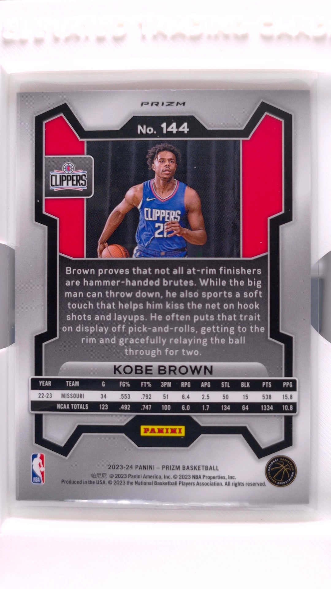 #144 Kobe Brown Rookie Red, White And Blue Prizm - back
