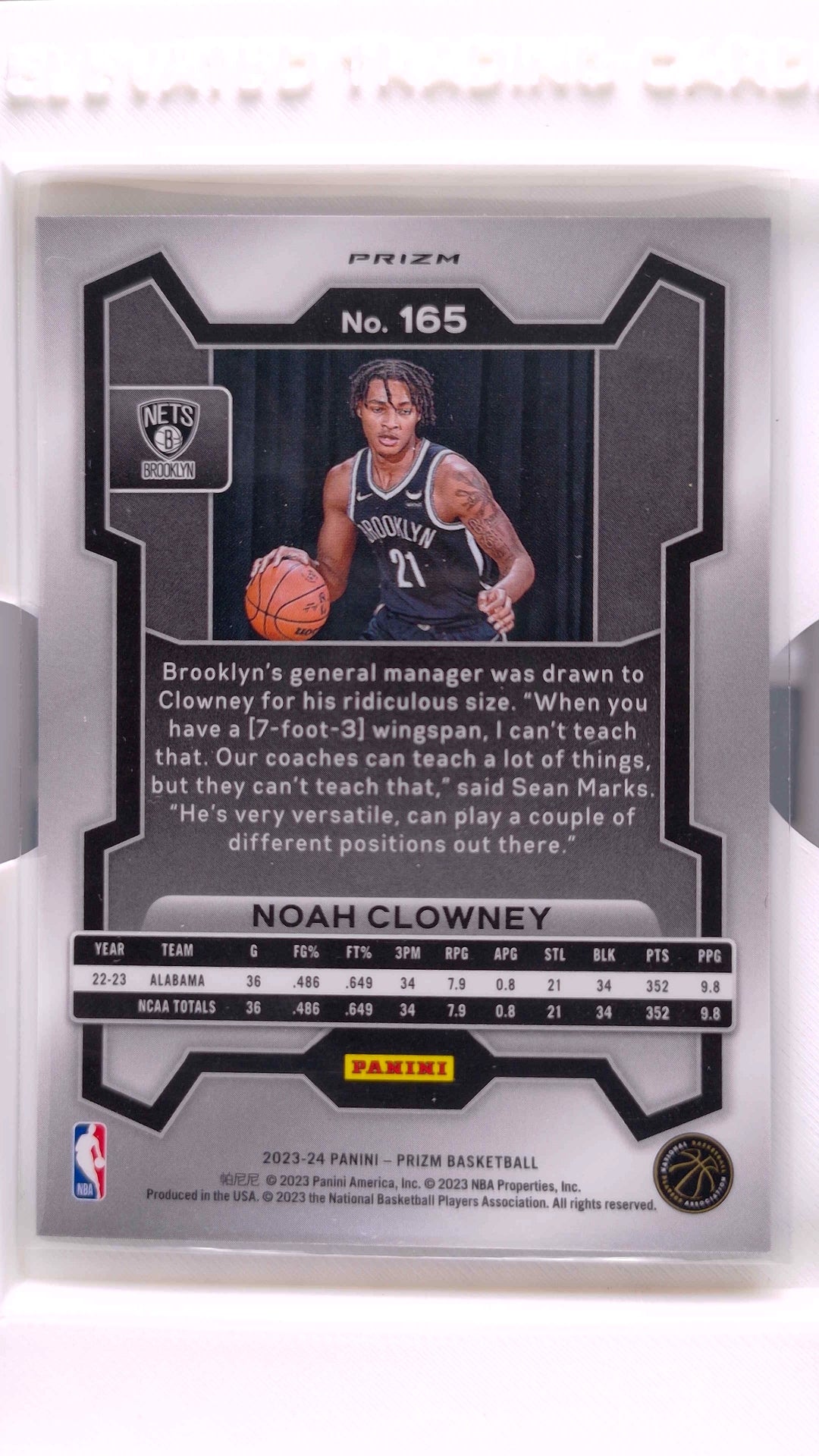 #165 Noah Clowney Rookie Green Prizm - back