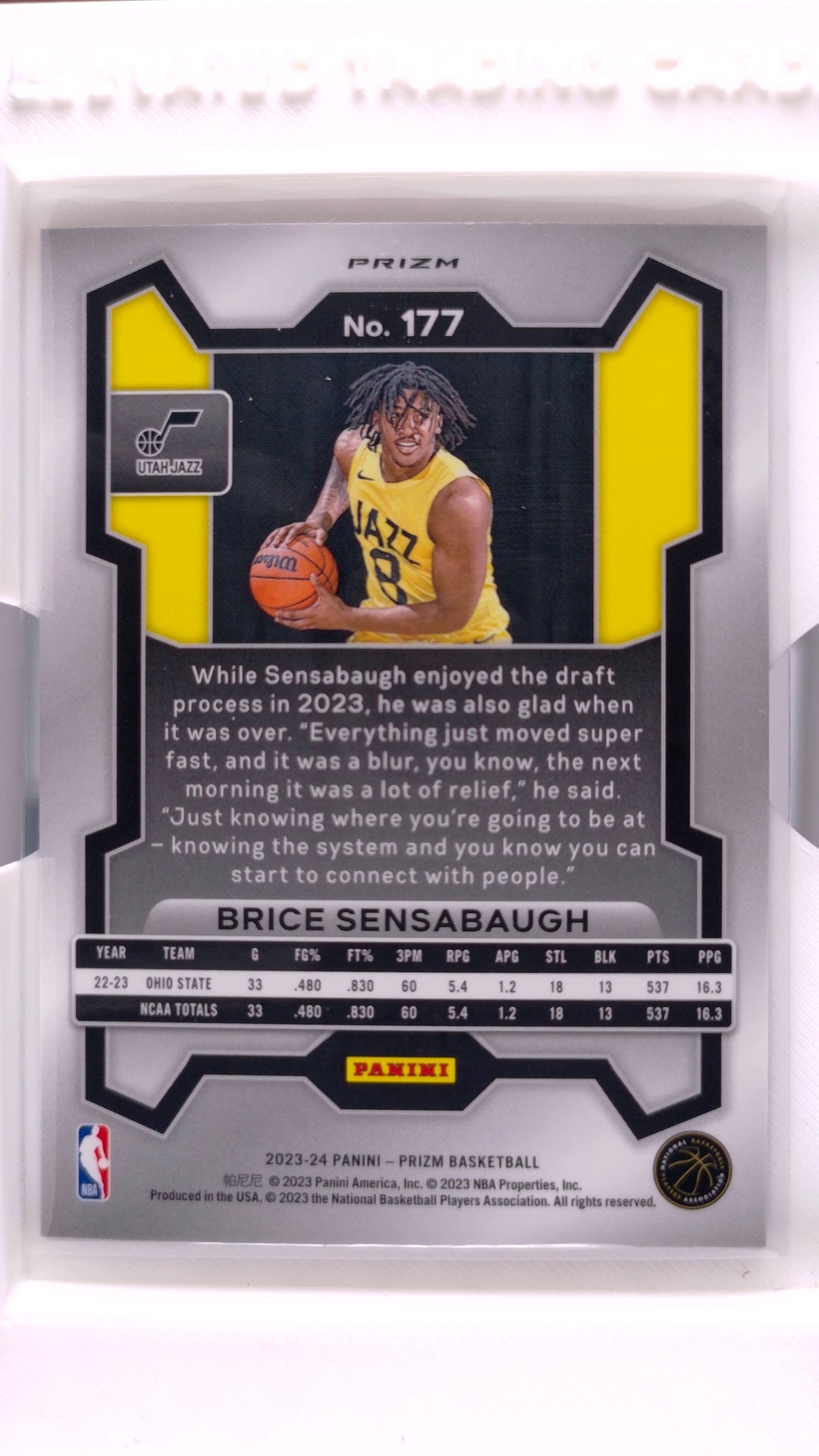 #177 Brice Sensabaugh Rookie Red, White And Blue Prizm - back