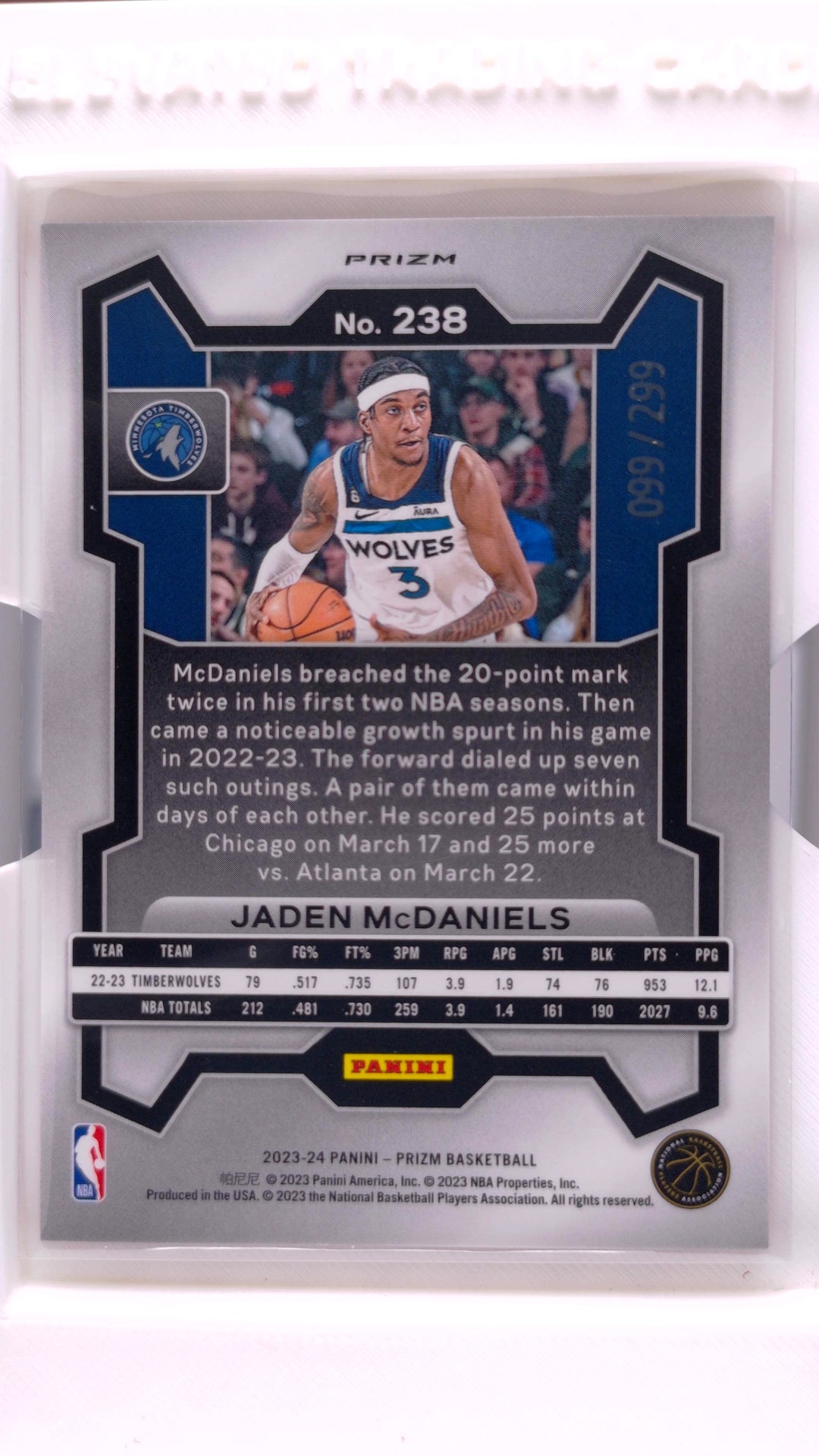 #238 Jaden McDaniels Red Prizm #99/299 - back