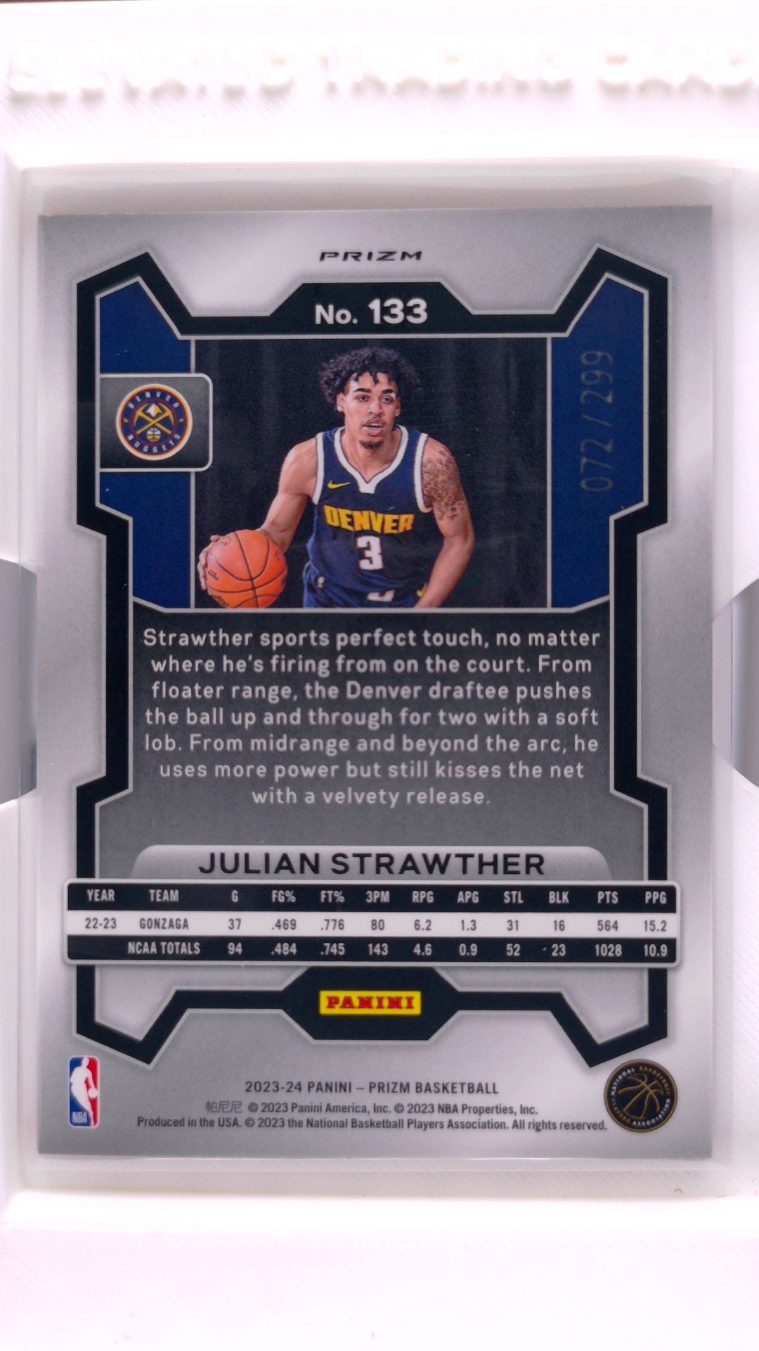 #133 Julian Strawther Rookie Red Prizm #72/299 - back