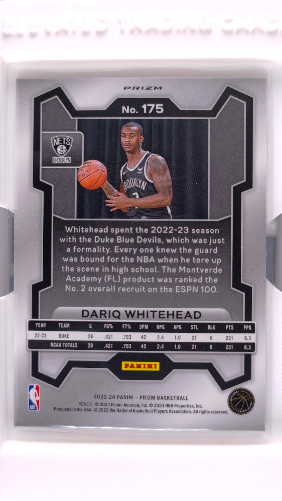 #175 Dariq Whitehead Rookie Red, White And Blue Prizm - back