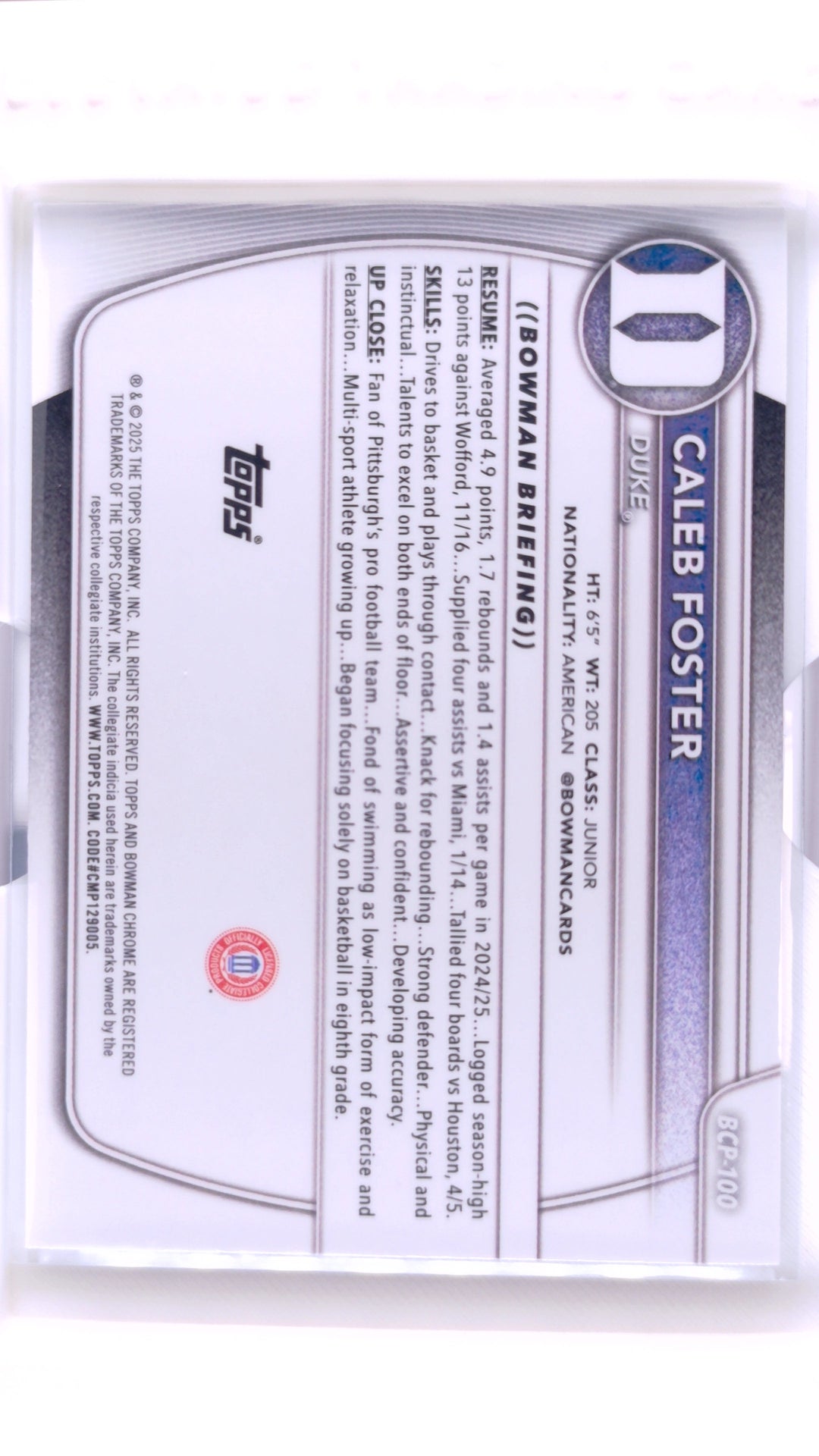 #BCP-100 Caleb Foster Chrome Prospects - back