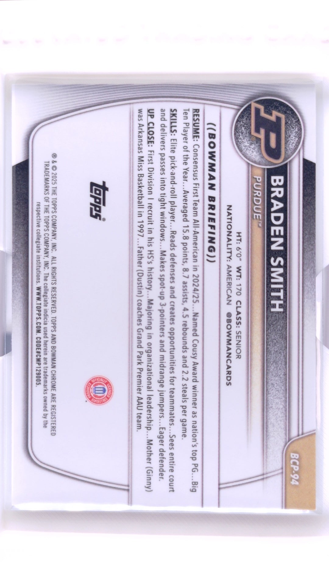 #BCP-94 Braden Smith Chrome Prospects - back