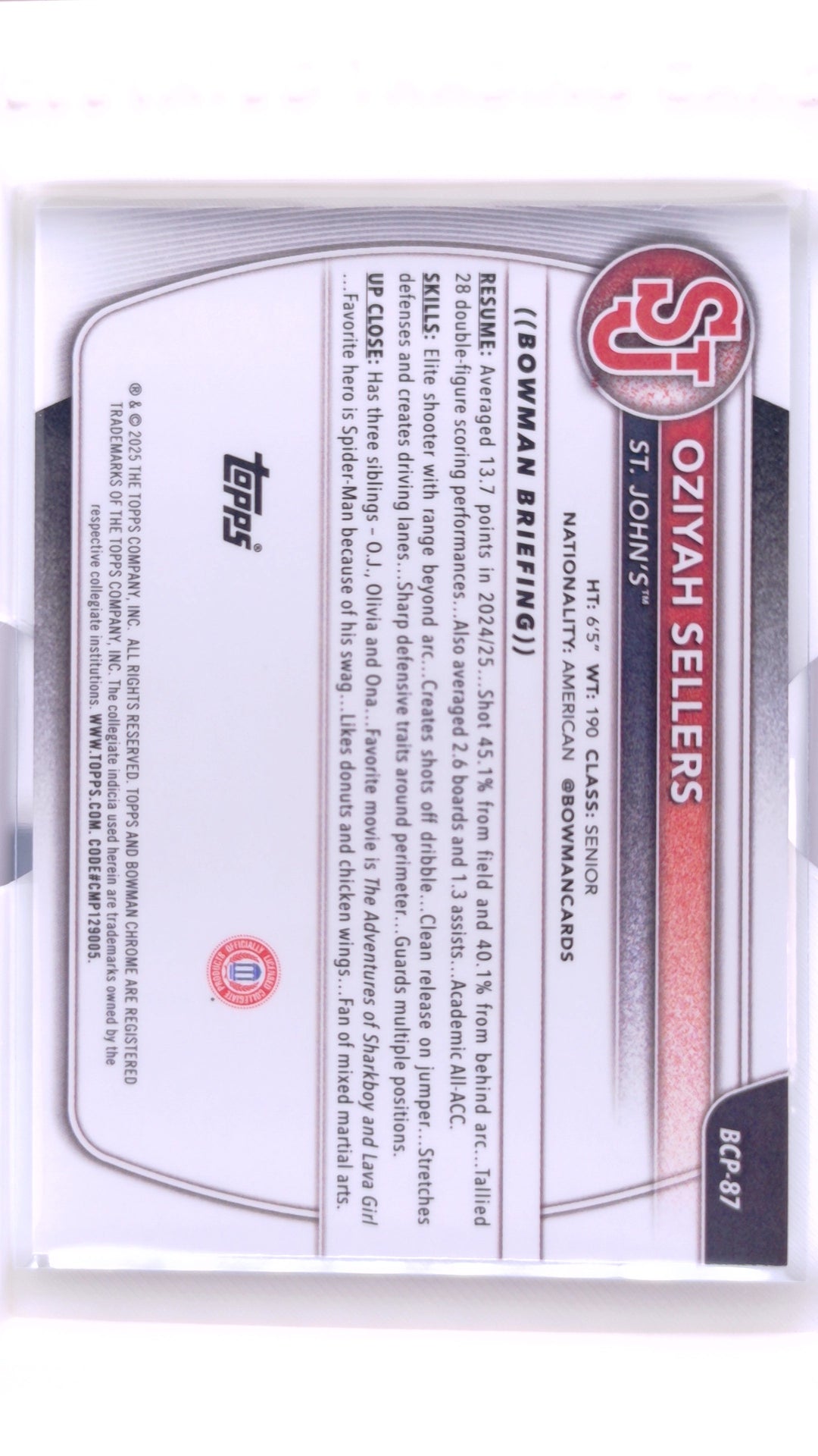 #BCP-87 Oziyah Sellers Chrome Prospects - back