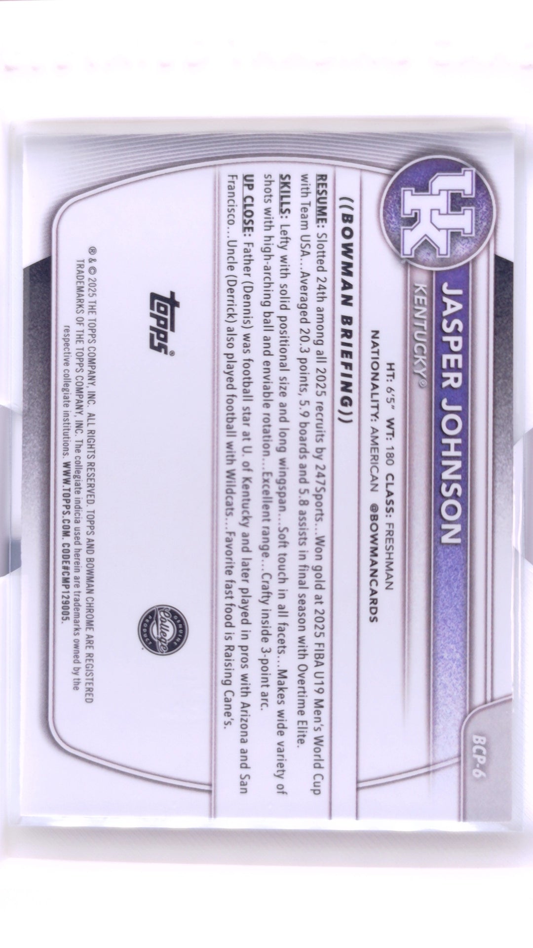 #BCP-6 Jasper Johnson Chrome Prospects - back