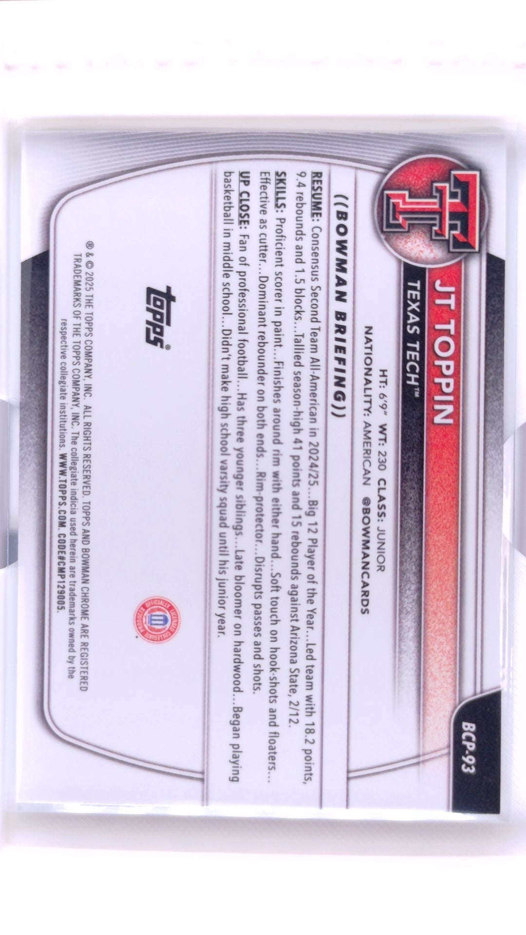 #BCP-93 JT Toppin Chrome Prospects - back