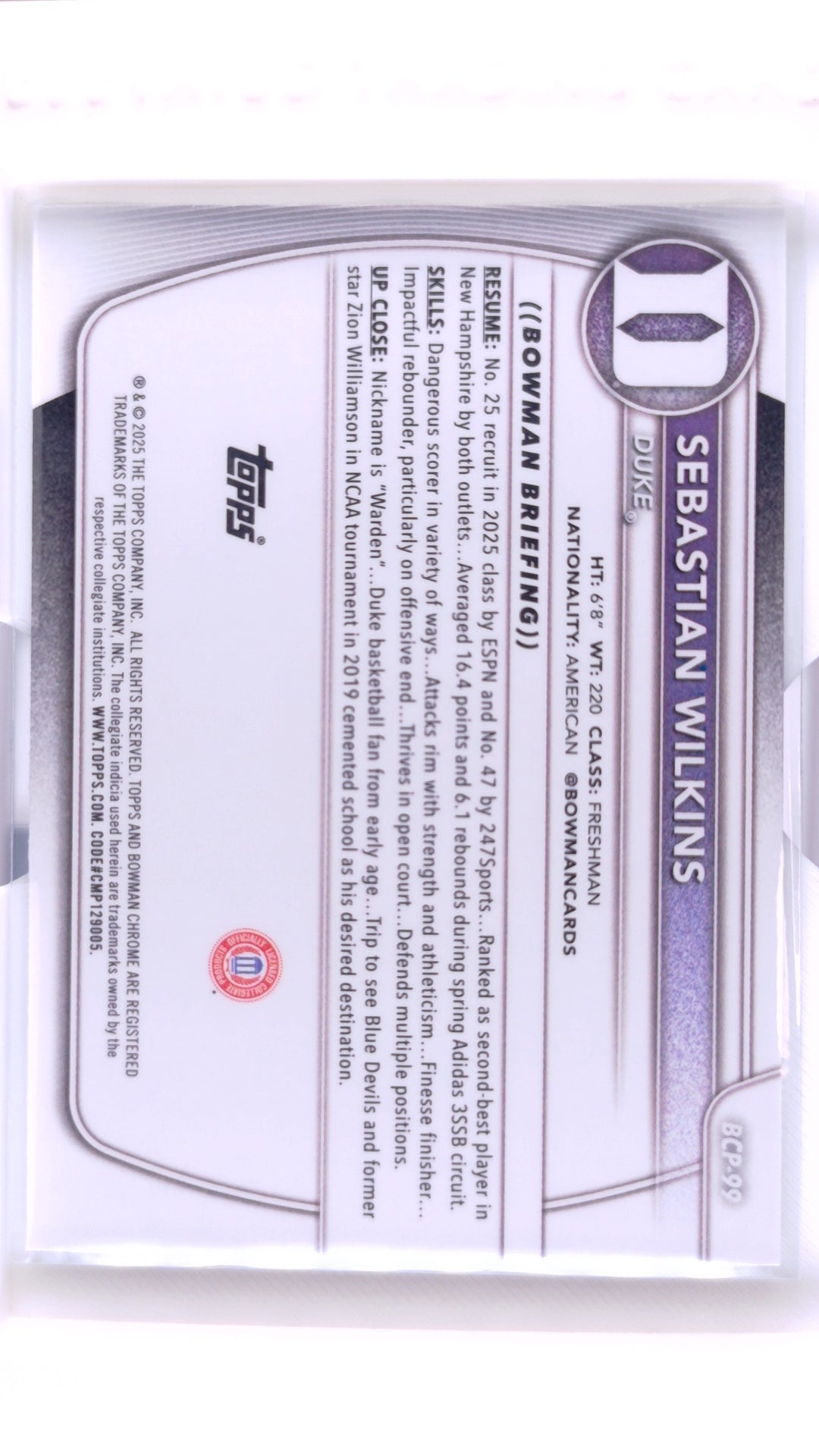 #BCP-99 Sebastian Wilkins Chrome Prospects - back