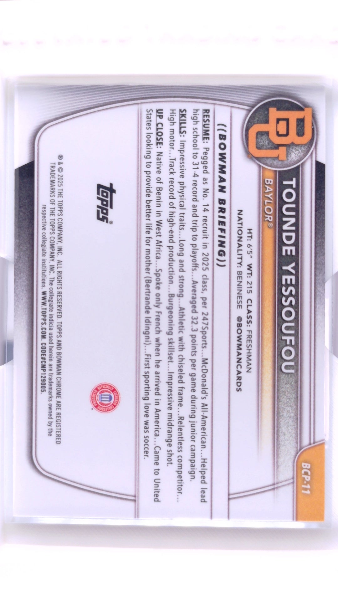 #BCP-11 Tounde Yessoufou Chrome Prospects - back
