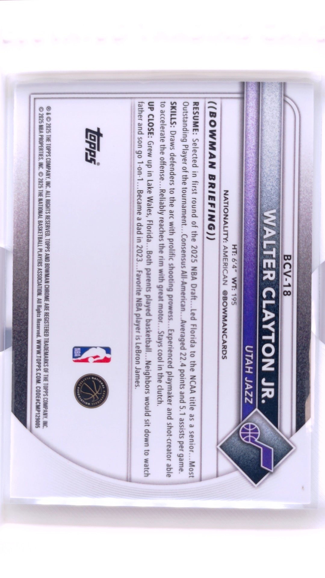#BCV-18 Walter Clayton Jr. Rookie Chrome - back