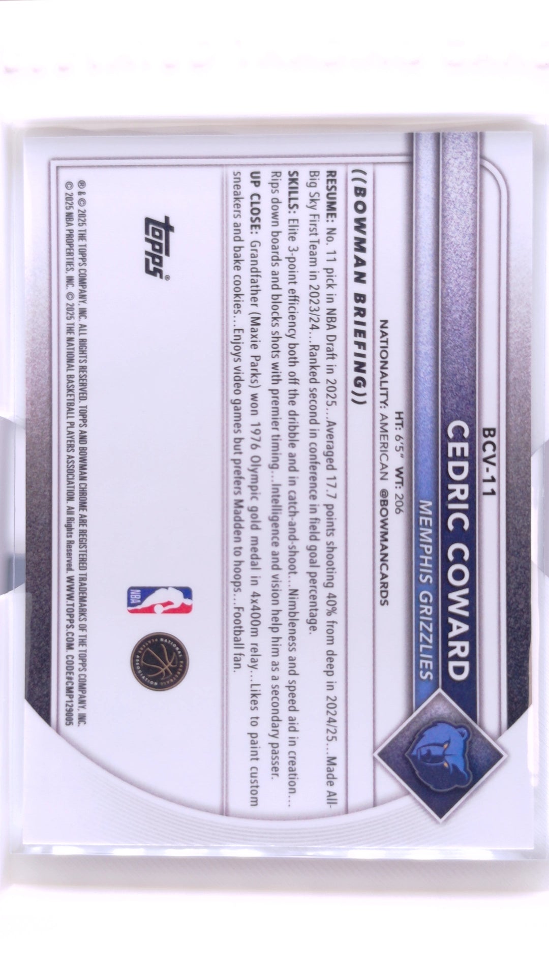 #BCV-11 Cedric Coward Rookie Chrome - back