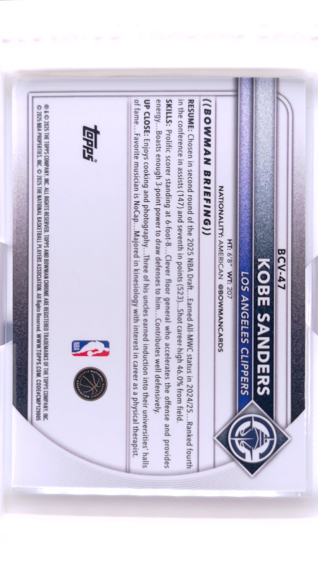 #BCV-47 Kobe Sanders Rookie Chrome - back