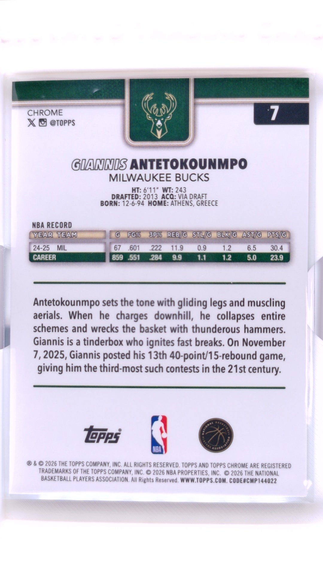 #7 Giannis Antetokounmpo Red, White & Blue Refractor - back