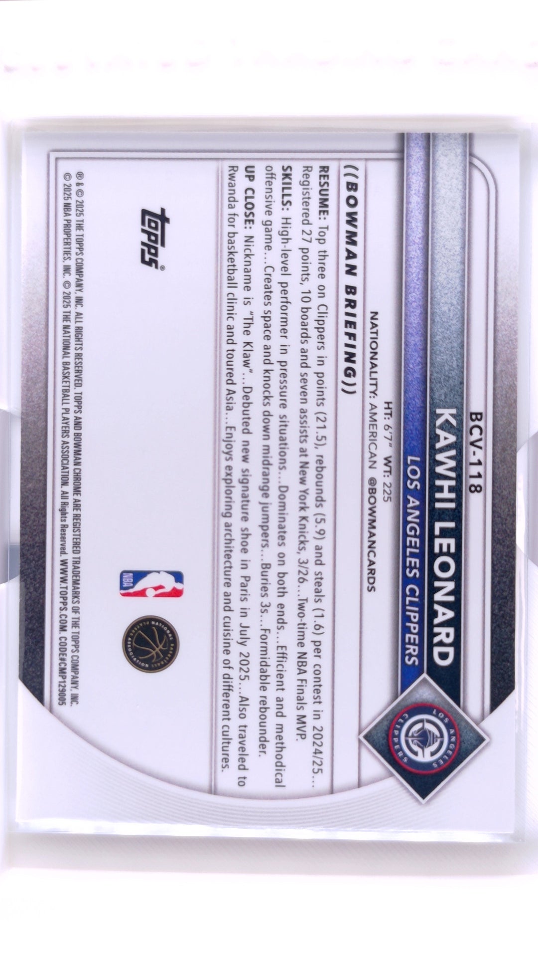 #BCV-118 Kawhi Leonard Chrome - back