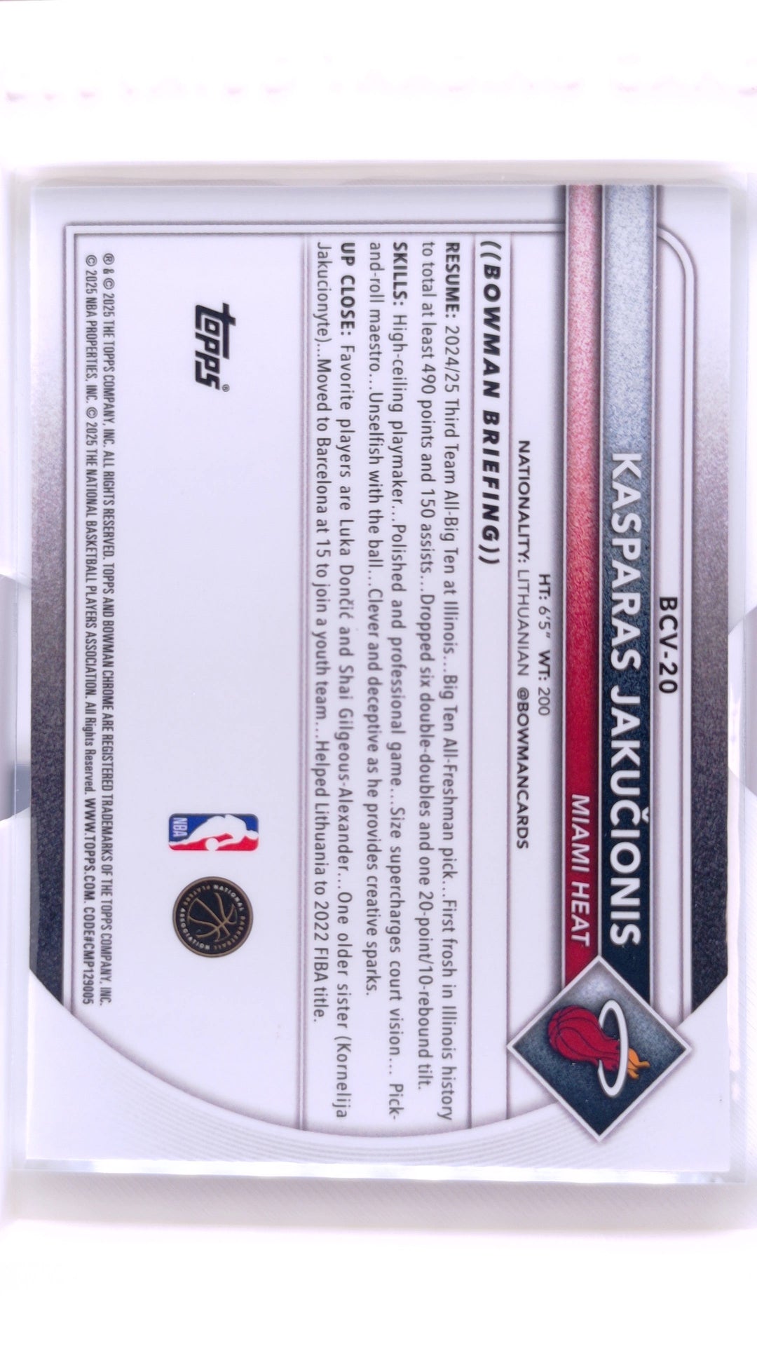 #BCV-20 Kasparas Jakučionis Rookie Chrome - back