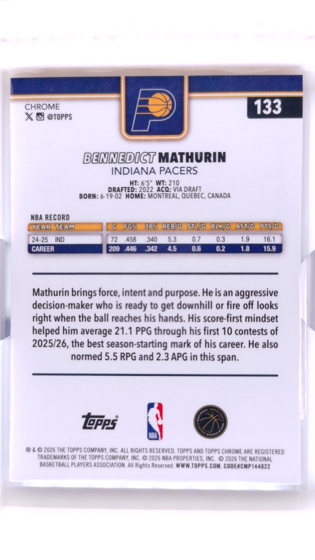 #133 Bennedict Mathurin Red, White & Blue Refractor - back