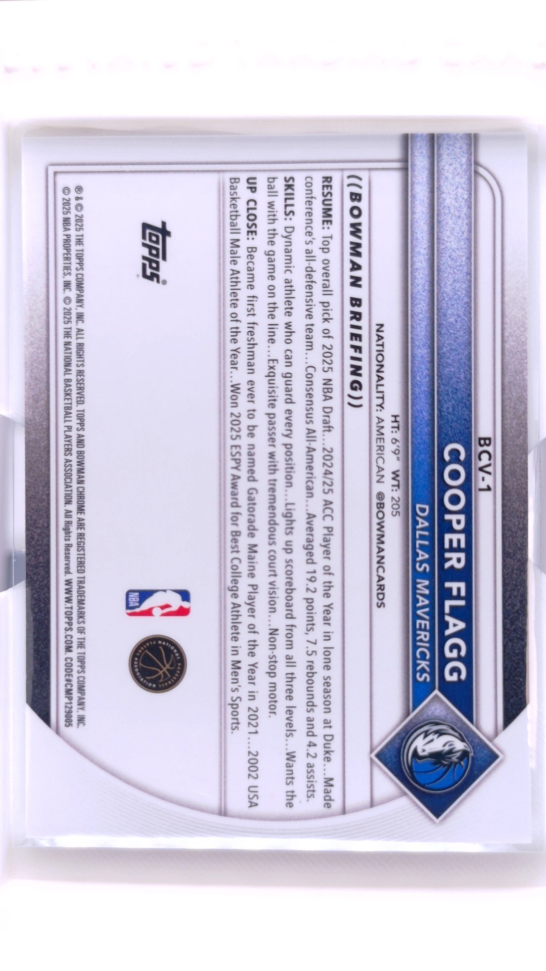 #BCV-1 Cooper Flagg Rookie Chrome - back