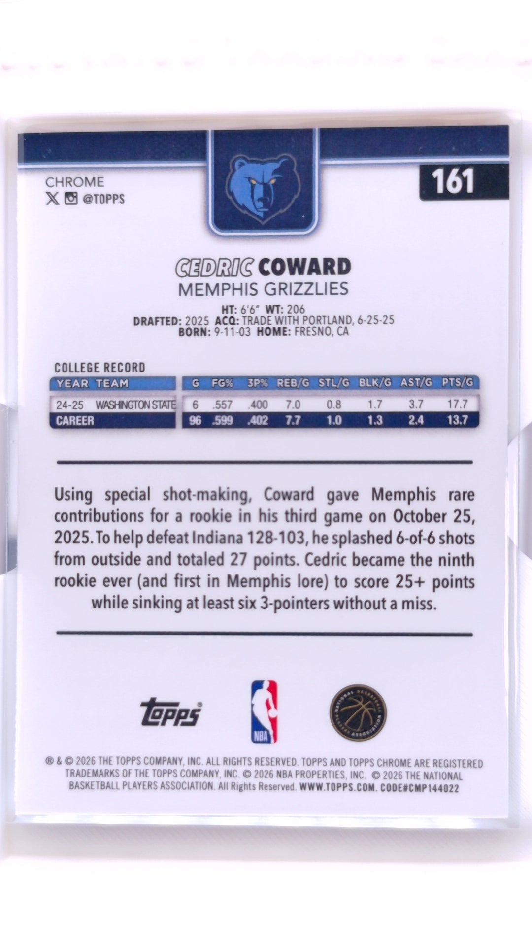 #161 Cedric Coward Red, White & Blue Refractor - back