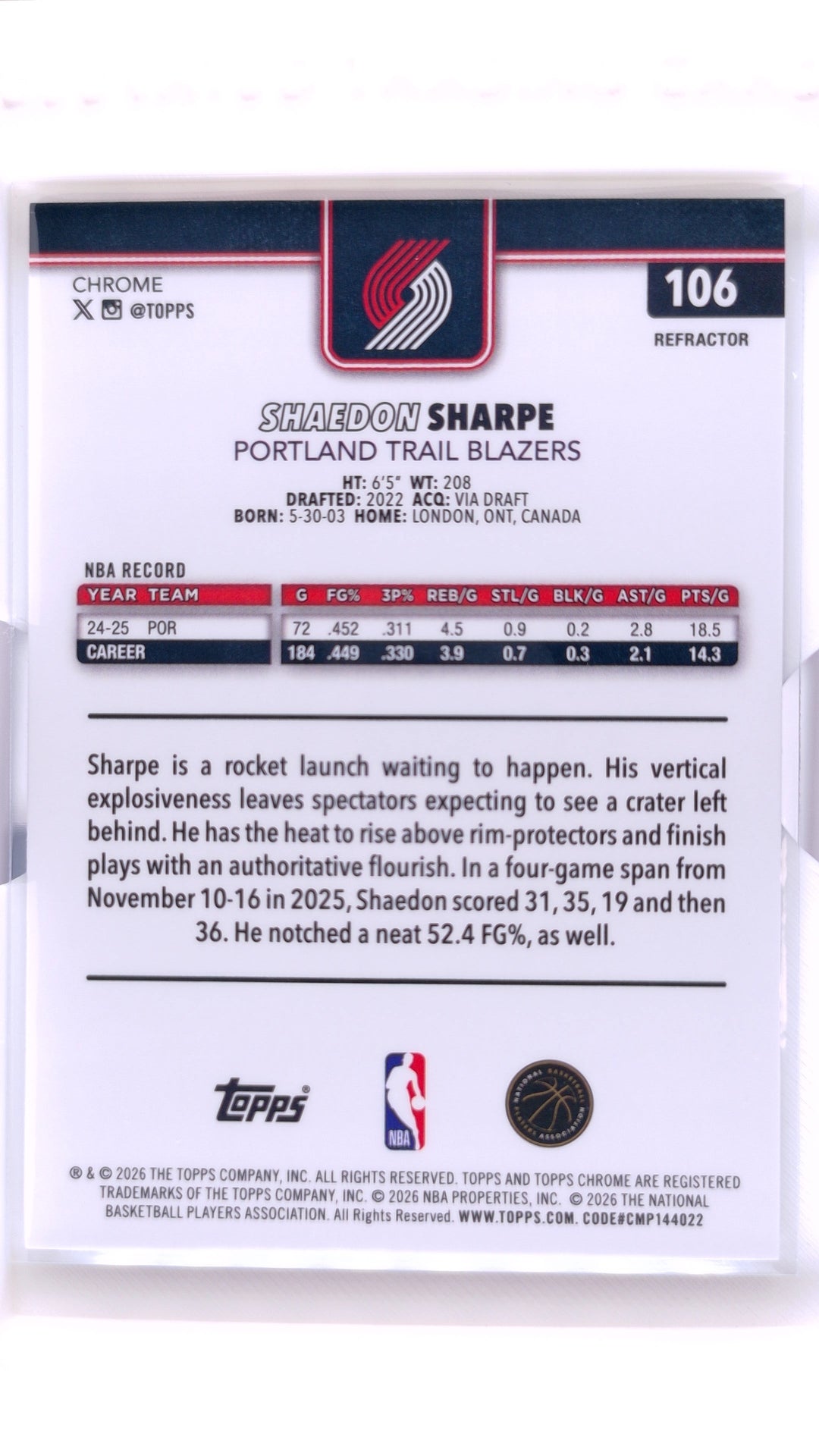 #106 Shaedon Sharpe Refractor - back
