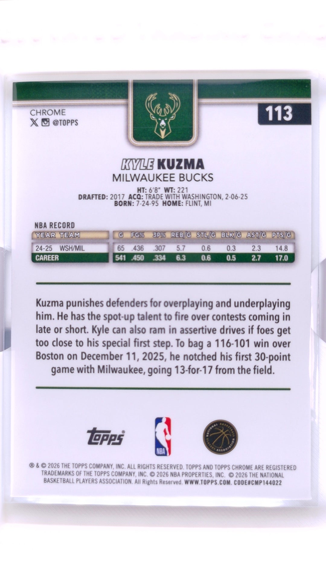 #113 Kyle Kuzma Refractor - back