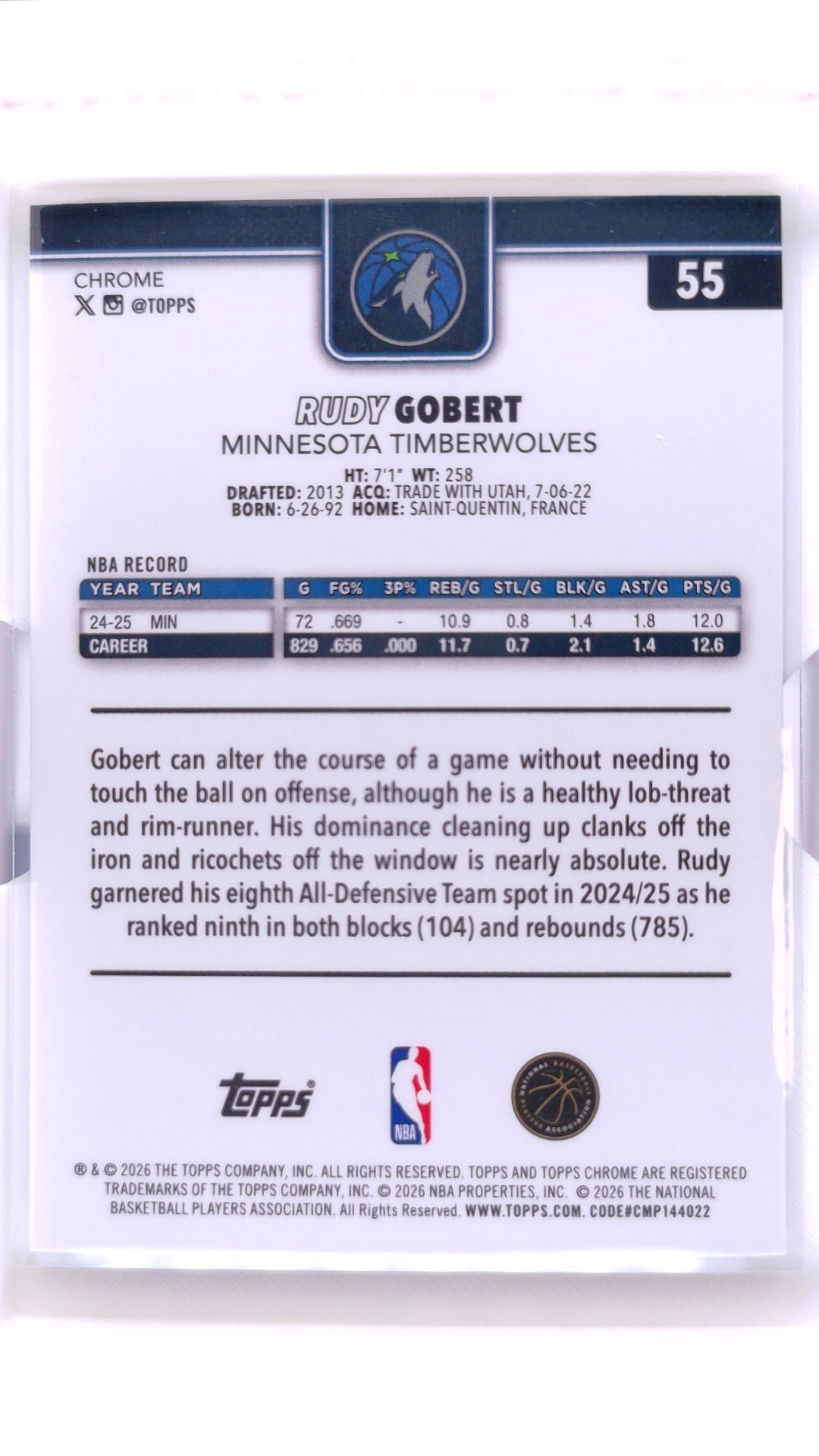 #55 Rudy Gobert RayWave Refractor - back