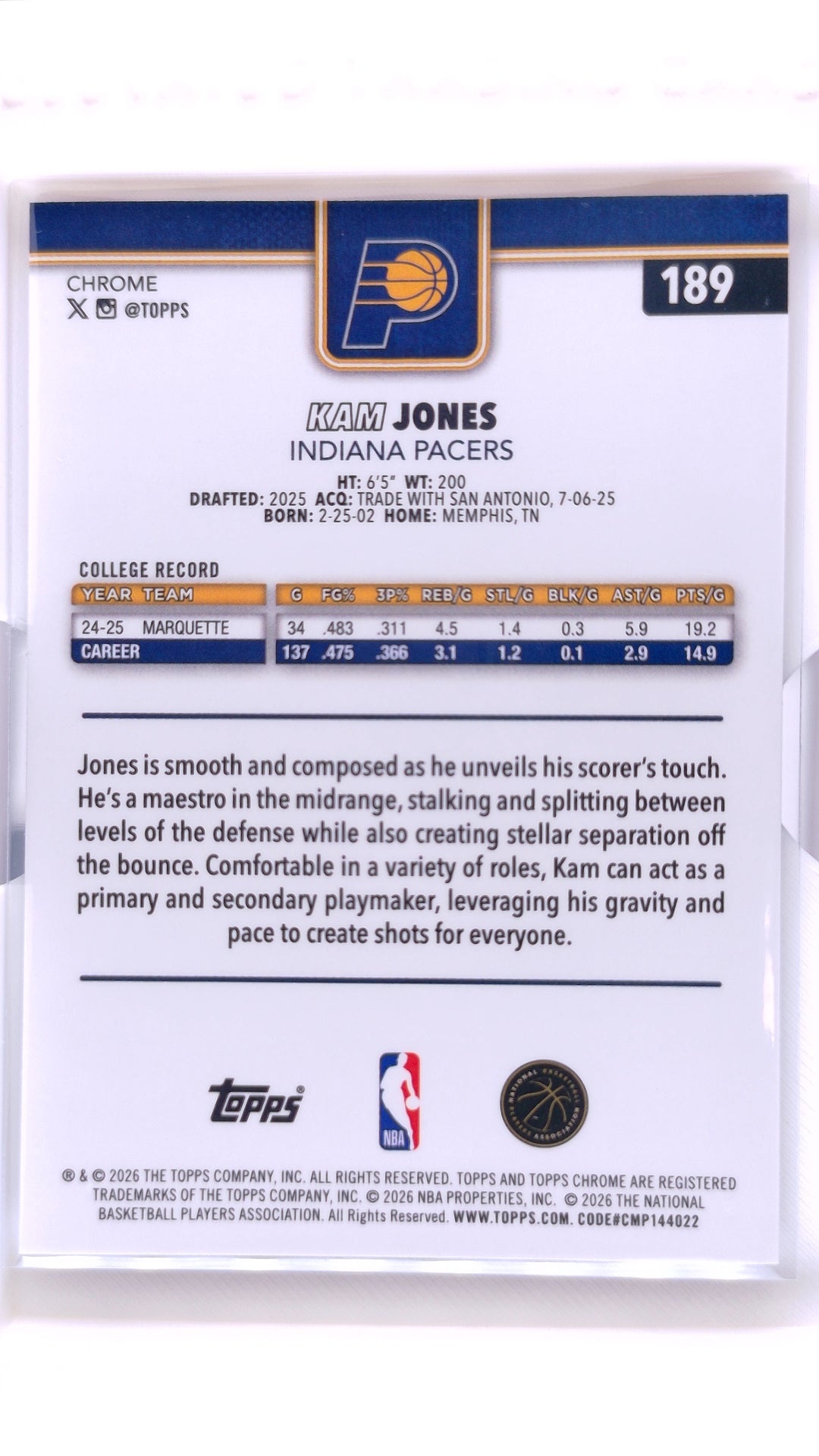 #189 Kam Jones Rookie Red, White & Blue Refractor - back