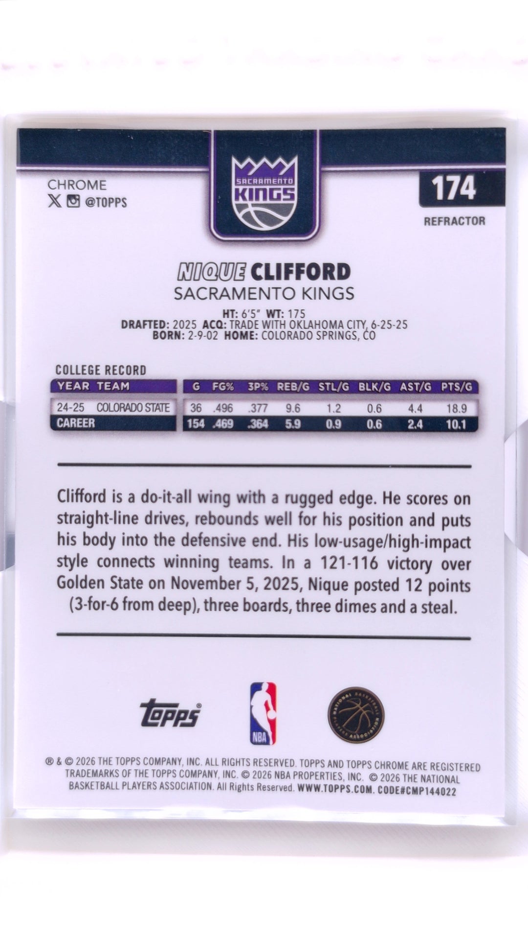 #174 Nique Clifford Rookie Refractor - back