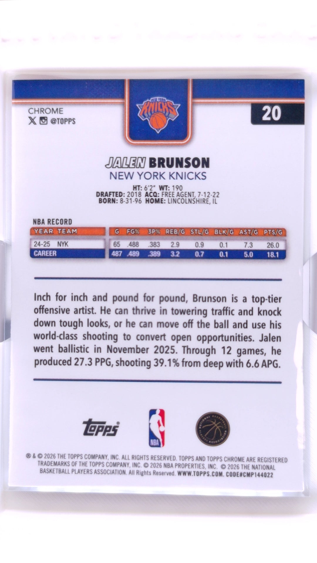 #20 Jalen Brunson Red, White & Blue Refractor - back