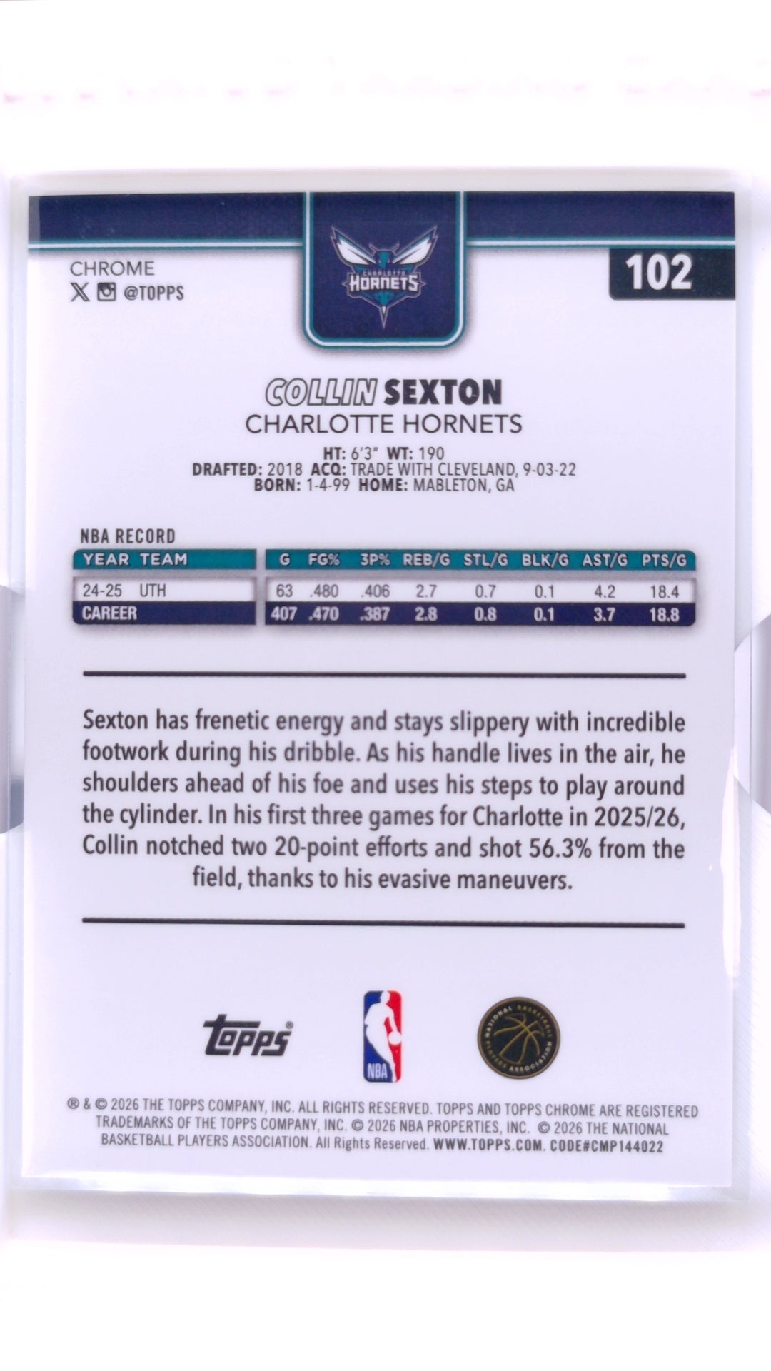 #102 Collin Sexton Refractor - back