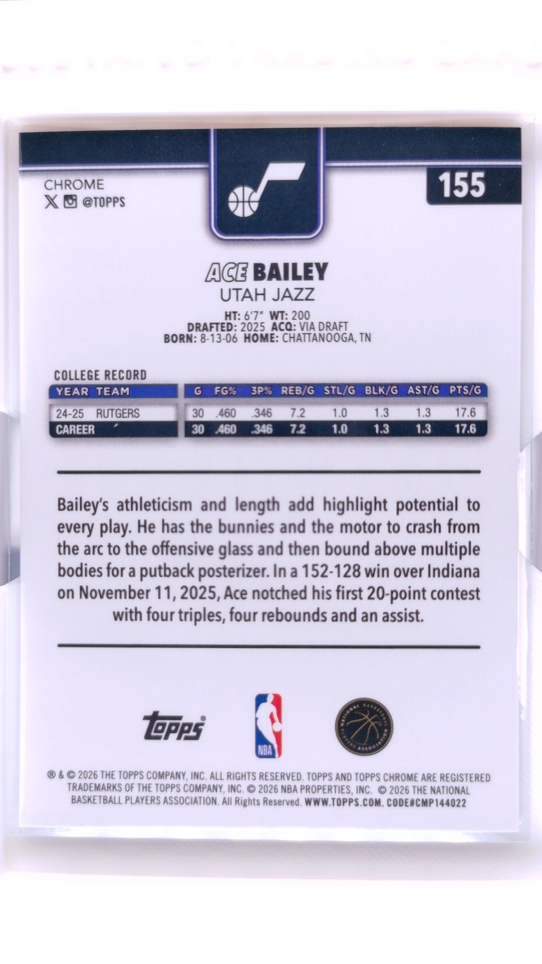 #155 Ace Bailey Red, White & Blue Refractor - back