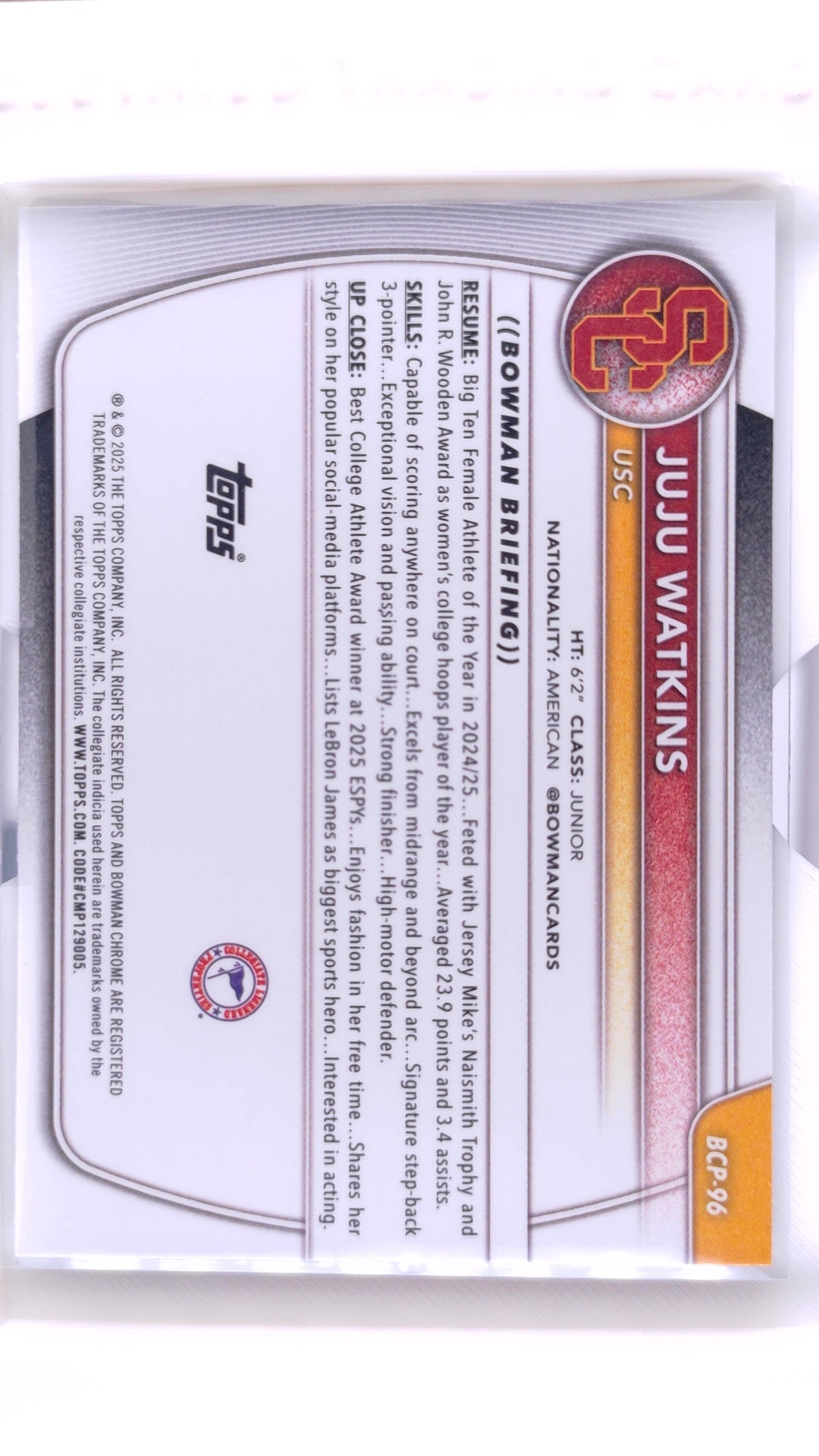 #BCP-96 Juju Watkins Chrome Prospects Reptilian Refractor - back