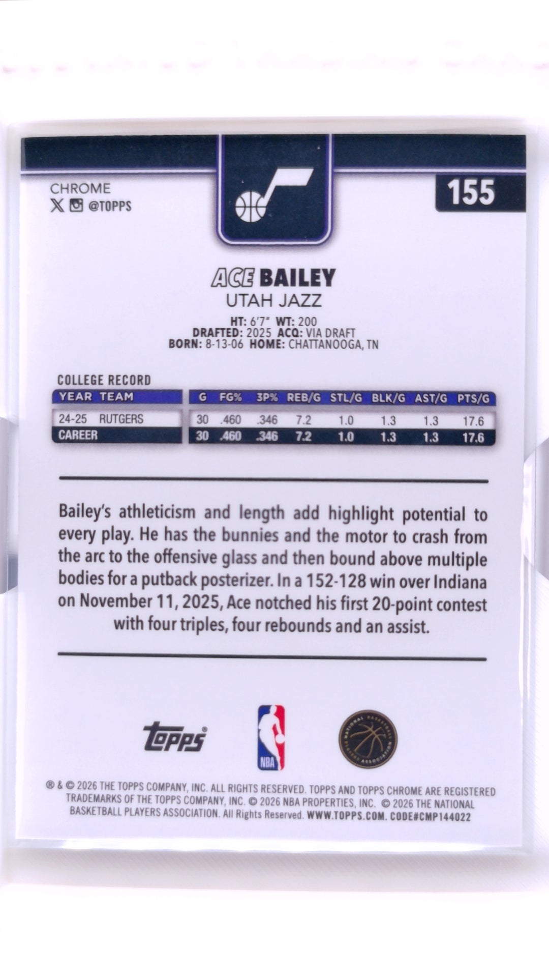 #155 Ace Bailey RayWave Refractor - back