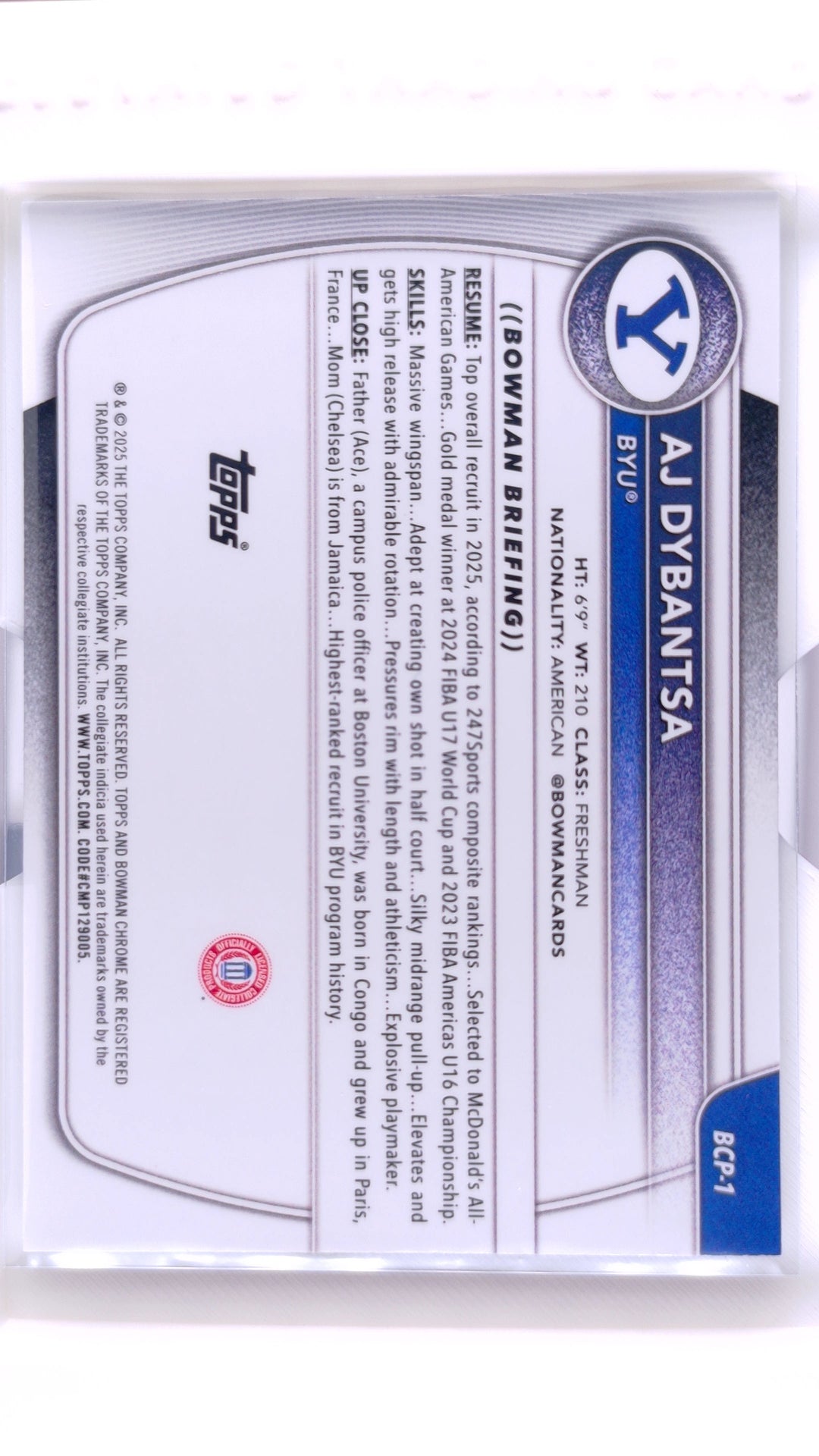#BCP-1 AJ Dybantsa Chrome Prospects Lava Refractor #230/399 - back