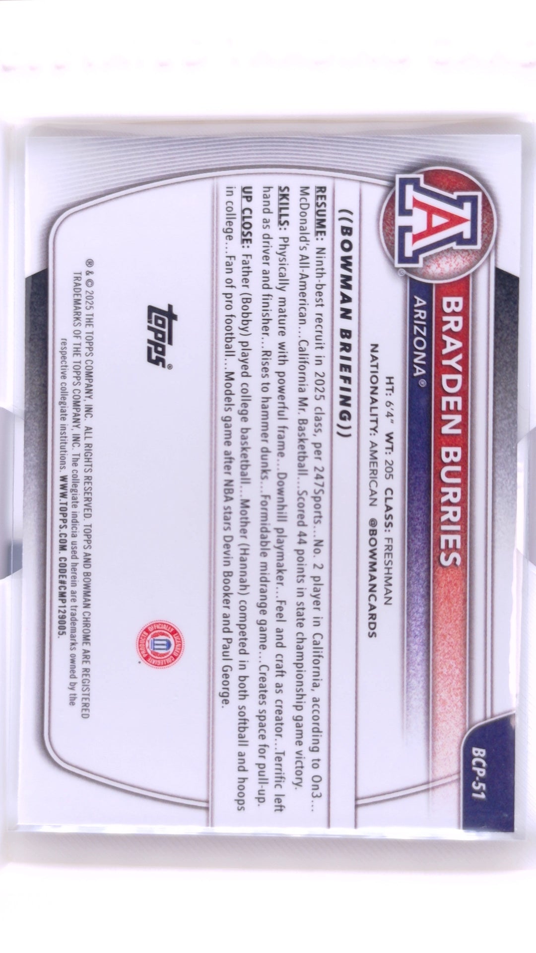 #BCP-51 Brayden Burries Chrome Prospects Reptilian Refractor - back