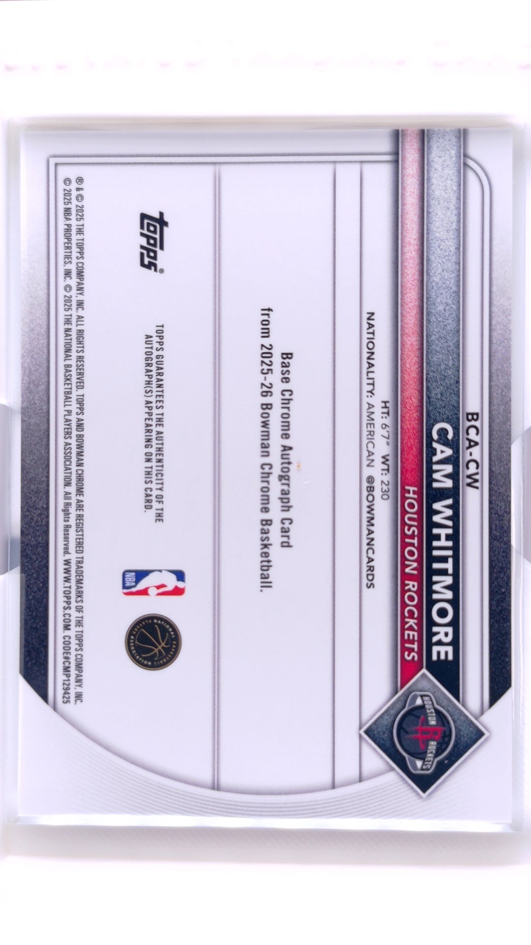 #BCA-CW Cam Whitmore Chrome Autographs Speckle Refractor #189/299 - back