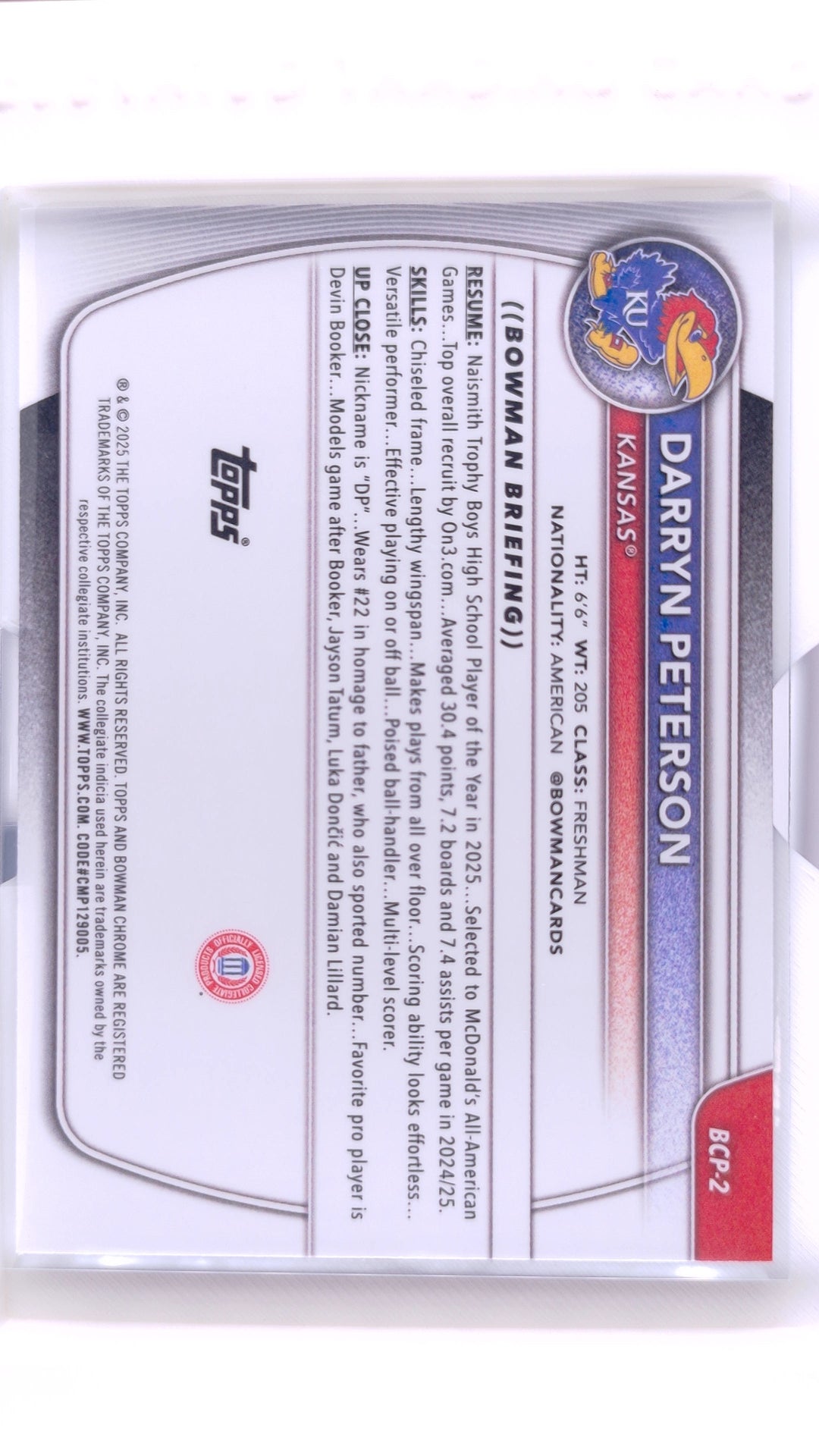 #BCP-2 Darryn Peterson Chrome Prospects - back